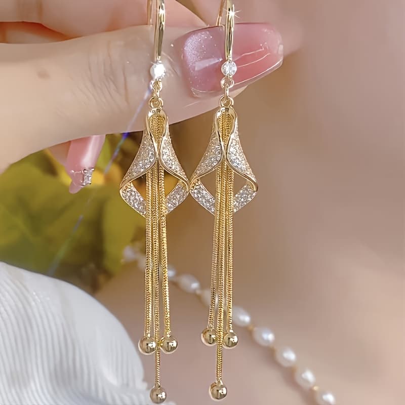 TEMU 2pcs Hypoallergenic Nature Geometric Long Tassel Earrings Simple Personality Women's New High-end Earrings Are Ideal For Valentine's Day Gifts/ Gifts/women's Gifts
