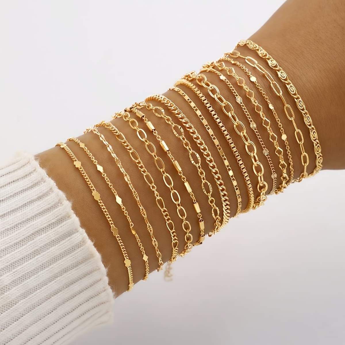 TEMU 16pcs Elegant Exquisite Retro Design Geometric Heart Texture Chain Return Chain Box Chain Minimalist Plain Chain Bracelet Multi-piece Set Holiday Vacation Party Date Gift Daily Wear