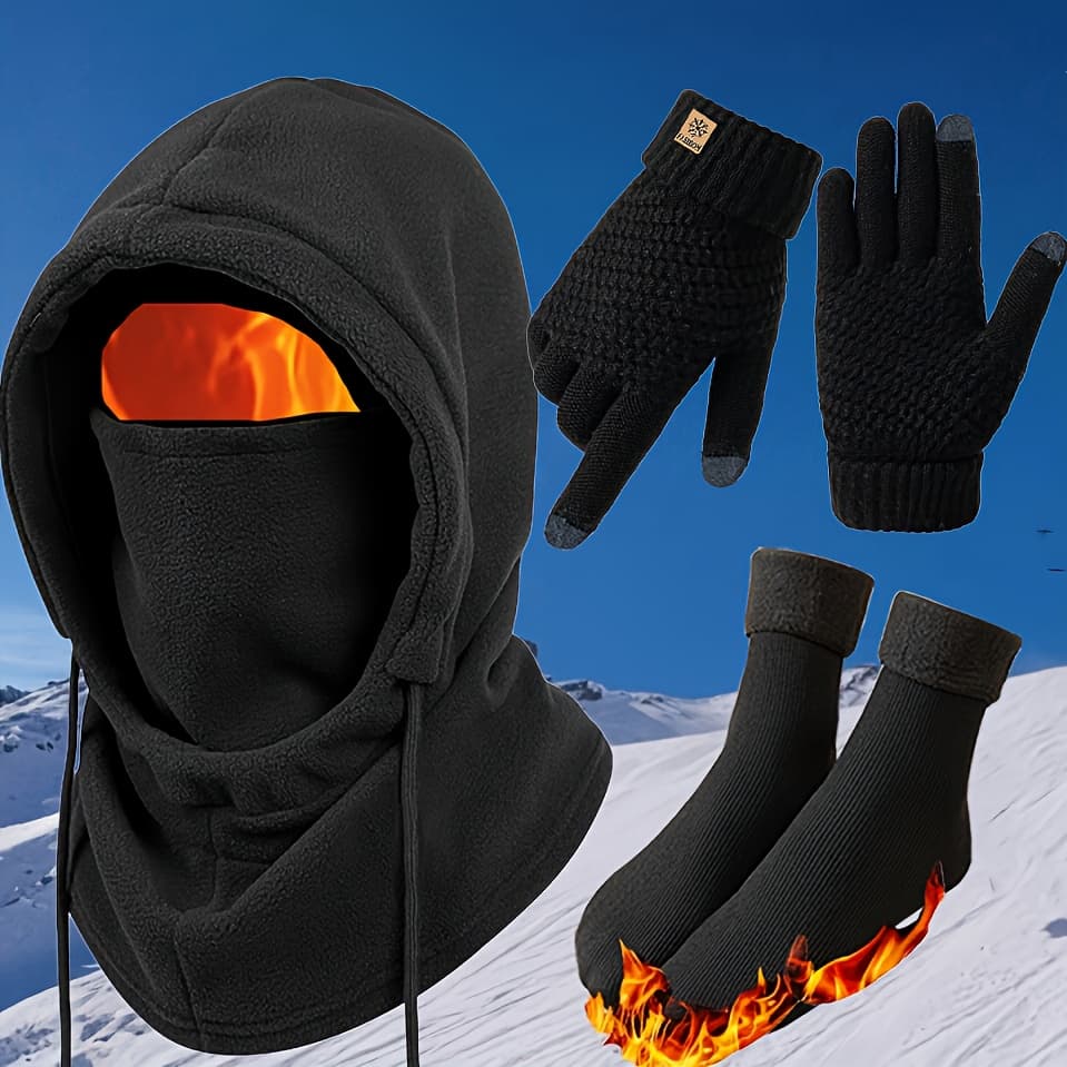 TEMU 3pcs Autumn Winter Windproof Set - Beanie With Built-in Mask, Touchscreen Gloves And Plush Thermal Socks, Perfect For , Outdoor Running Or Winter Commuting, Soft And Flexible Design