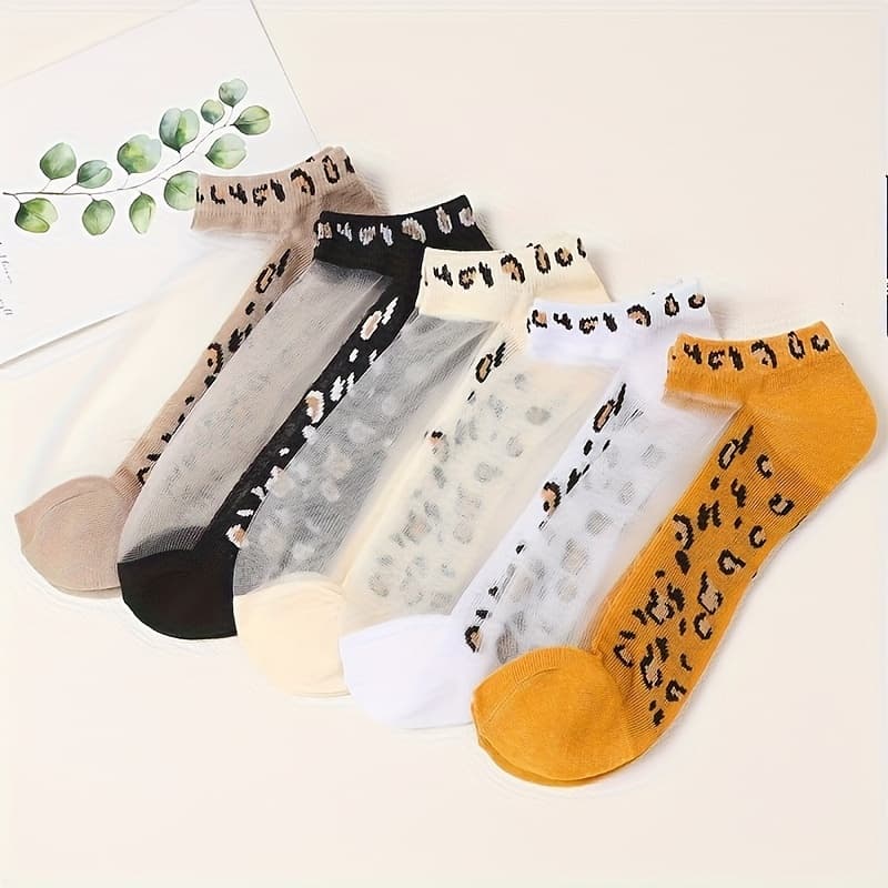 TEMU 5 Pairs Of Leopard Print Crystal Socks For Summer, Featuring Breathable, Ultra-thin Jacquard Design That Stays In With Glass Fiber Short Tubes, Perfect For Women