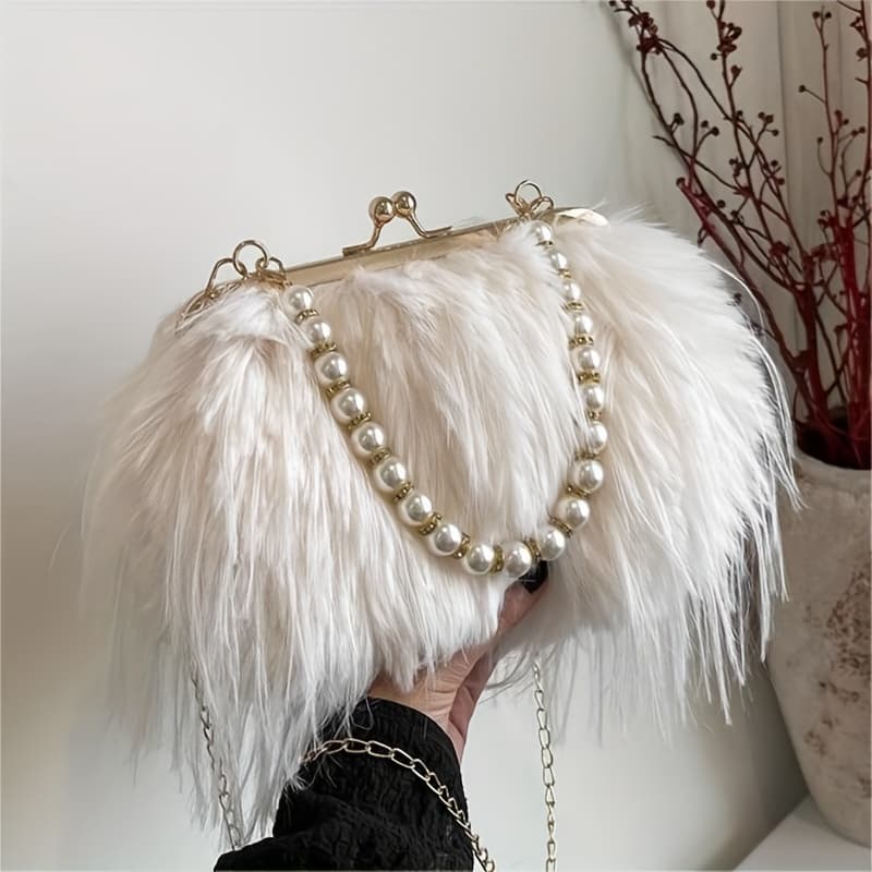 TEMU New Exquisite Fluffy Furry Bag Crossbody Bag Handbag Women's Autumn Winter Plush Bag Pearl Chain Handbag