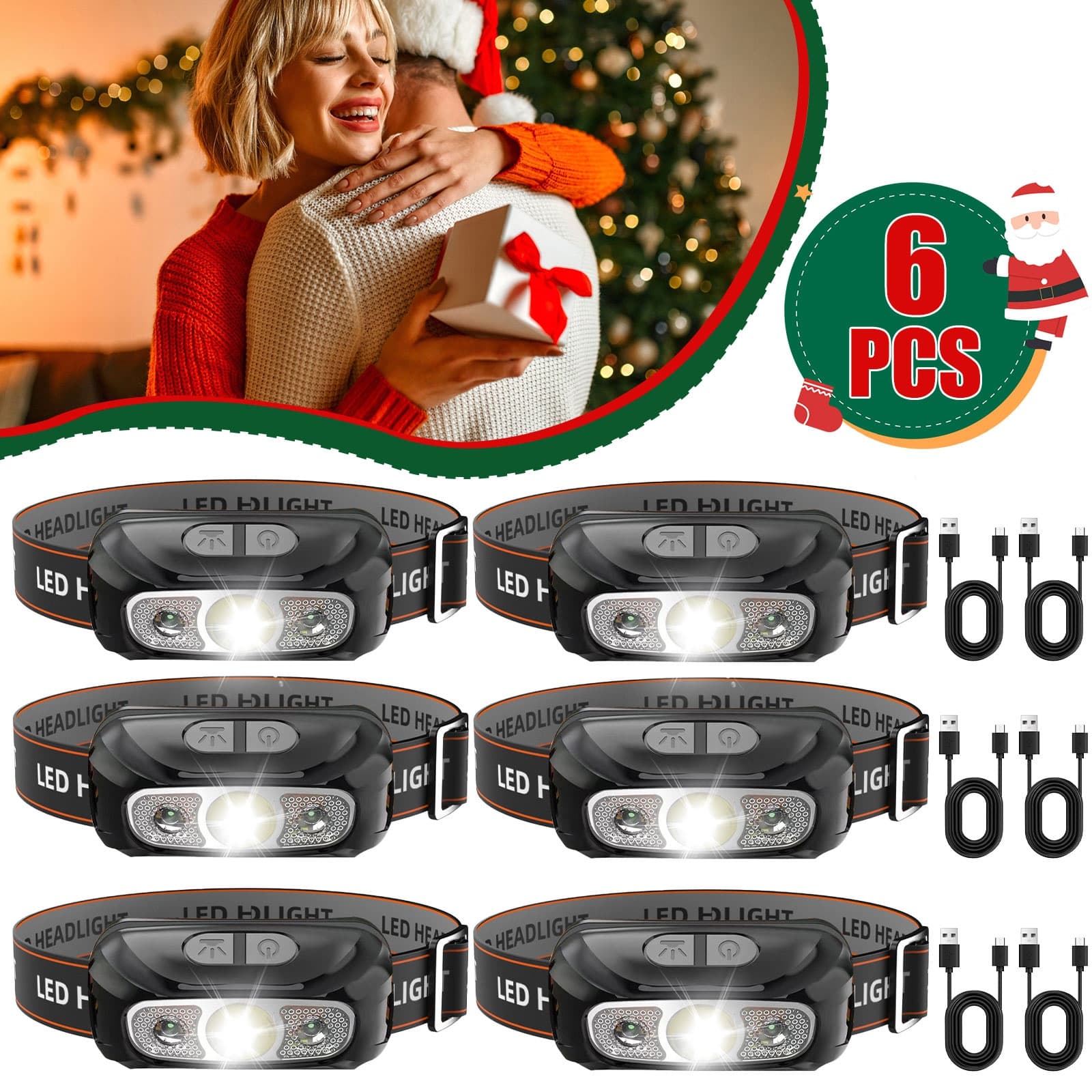 TEMU 6/5pcs Rechargeable With 6 -rechargeable Headlamp Flashlights With Adjustable Brightness Light, Sos, Usb Powered, Type-c Charging, Polished Finish For Night Running, Fishing & Biking.