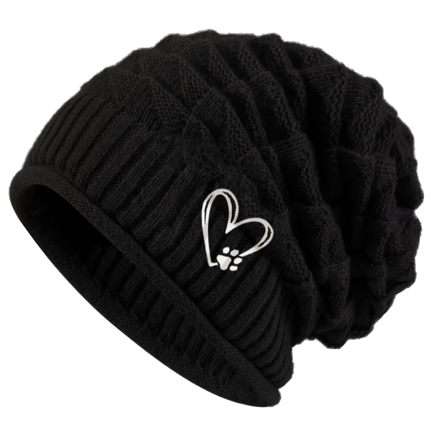 TEMU Women's Fashion Heart And Paw Print Embroidered Beanie, Autumn Winter Warm Comfortable Stretch Hat, Perfect Valentine's Day Gift