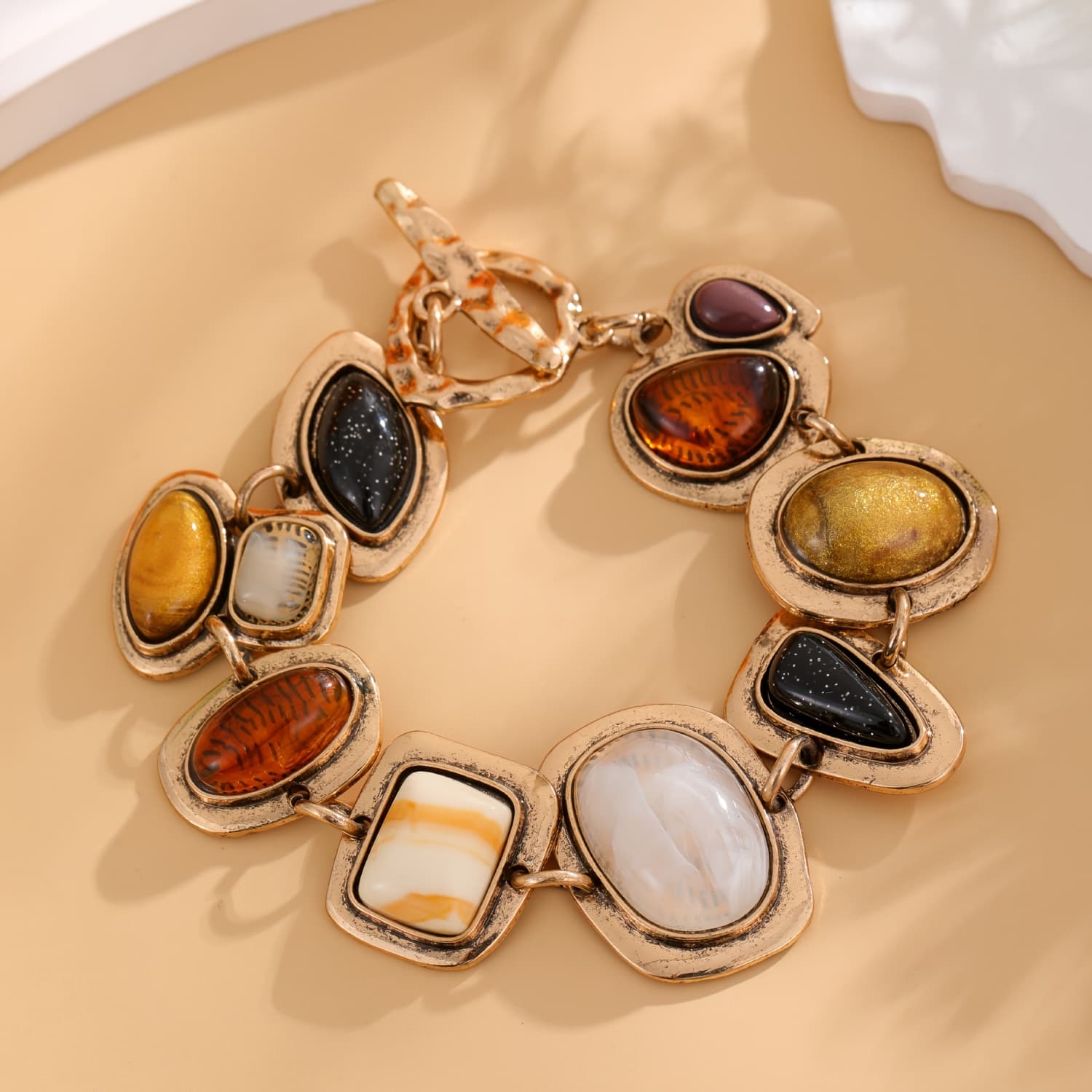 TEMU 1pc Vintage Style Colorful Geometric Hand Jewelry Fashion Antique Golden Synthetic Stone Bracelet