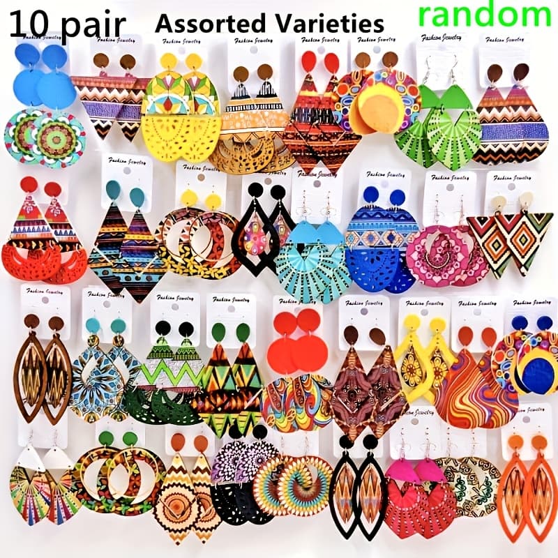 TEMU 5/10 Pairs/lot Wood Earrings For Women's Fashion Pendant Earrings Mixed With A Of Styles Ethnic Style Women's Earrings Wholesale Jewelry Gifts Random Style