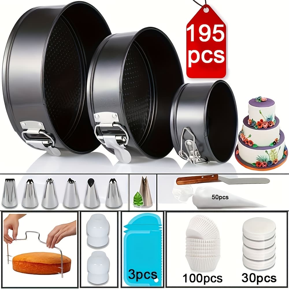 TEMU 195pcs Cake Pan Sets For Baking Cake Decorating Kit With 3 Nonstick Round Spring Form Pans (4, 7, 8 Inch) Piping Bags And Tips, Cake Leveler