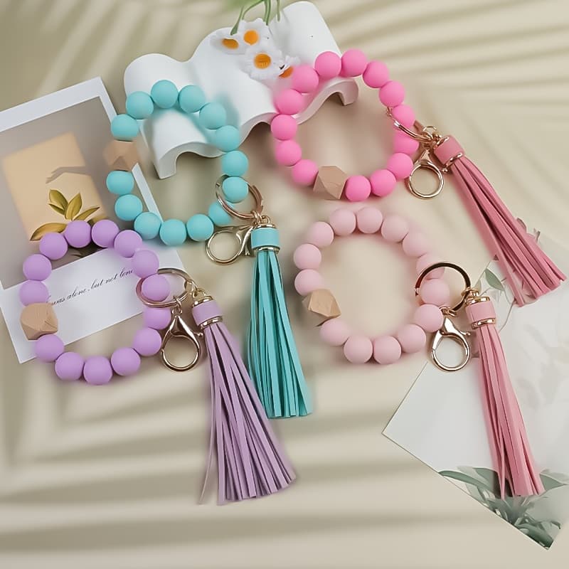 TEMU 4pcs/set Single Color Handmade Beaded Wrist Key Ring For Women, Gift