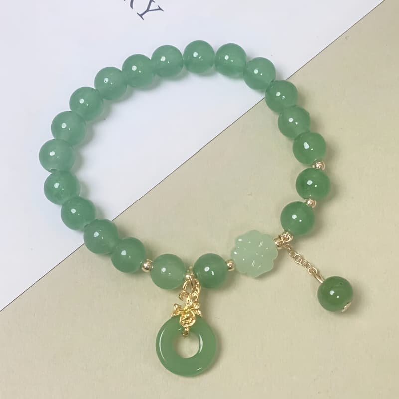TEMU 1 Clover Safety Aventurine Artificial Jade Holiday Gift Women's Bracelet, Best Present For