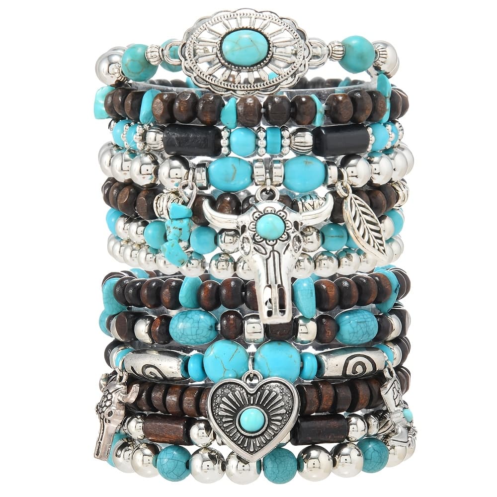 TEMU 6/7/13pcs Western Cowboy-style Beaded Bracelet Set Turquoise Head, Heart And Feather Combination And Bohemian Holiday Gift Set, For Teenager