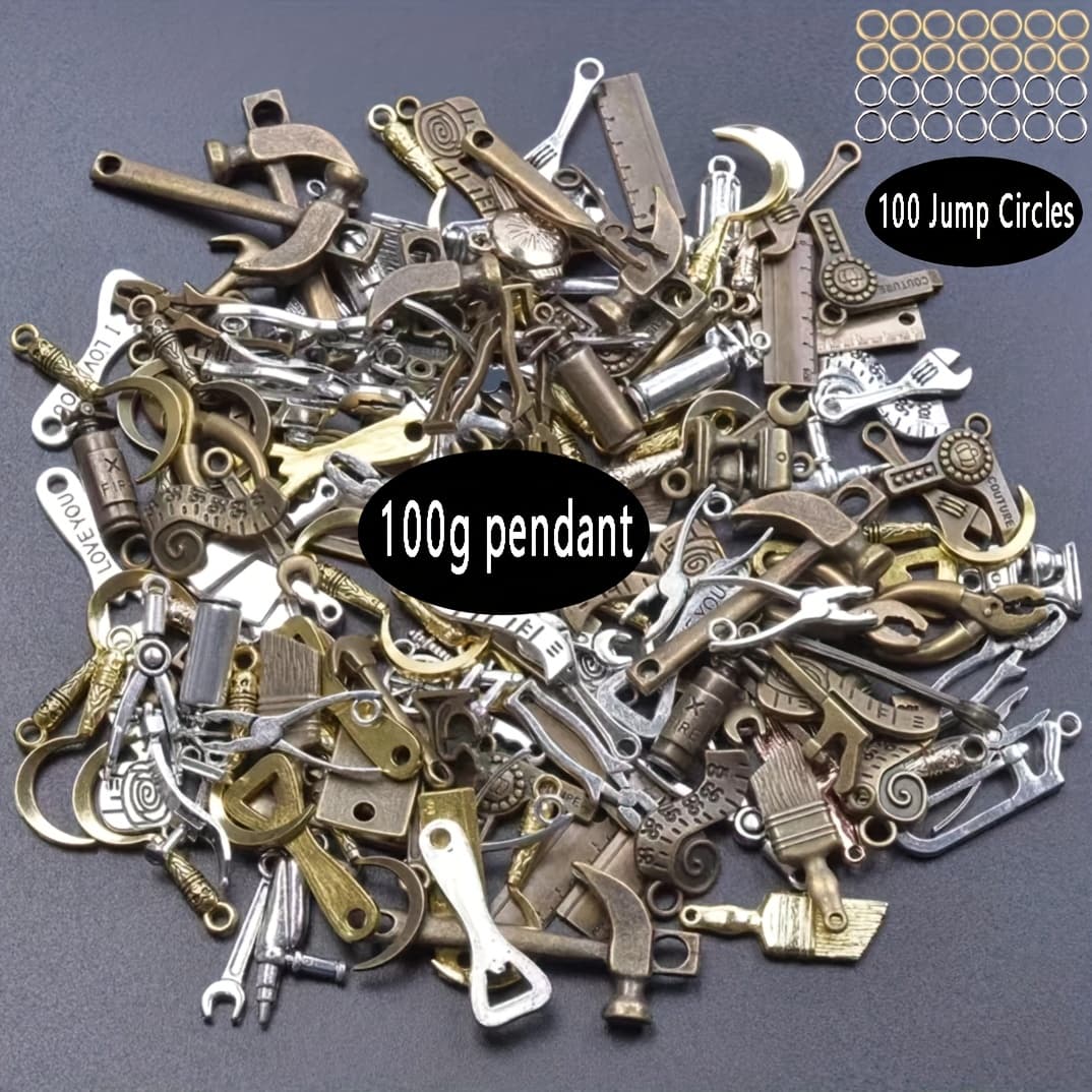 TEMU 100/200g Vintage Tool Collection Alloy Jewelry Components, Featuring Jump Rings, Assorted Tool Series Charms, Multicolored Additions For Crafting Keychains, Chest Chains, Necklaces, And Earrings