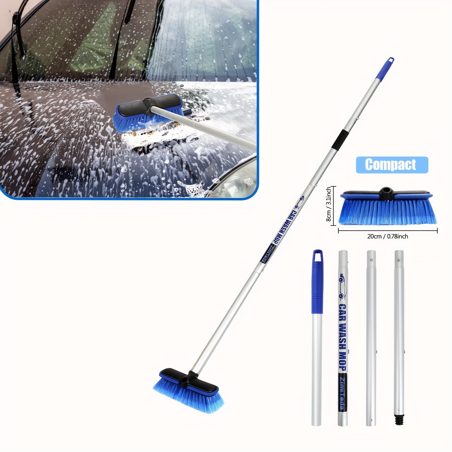 TEMU 59"/151cm Car Wash Brush With Long Handle, With Soft Bristles That Won't Scratch The Car Body Suitable For Car Suv Rv Mpv And Tire Cleaning As Well As Indoor And Outdoor Windows.