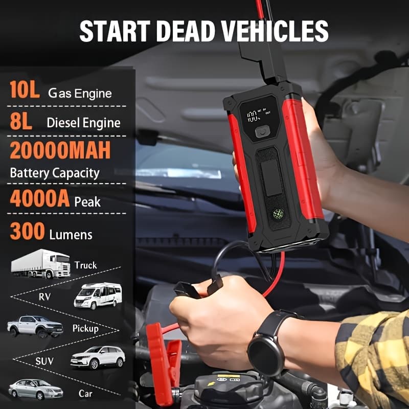 TEMU Portable Car Battery Jump Starter 12v , Battery Boost, Usb I/o, Led Emergency Light, Reliable Power, Roadside/vehicle Emergency Tools Portable Wireless Car Jump Jump Starter Portable