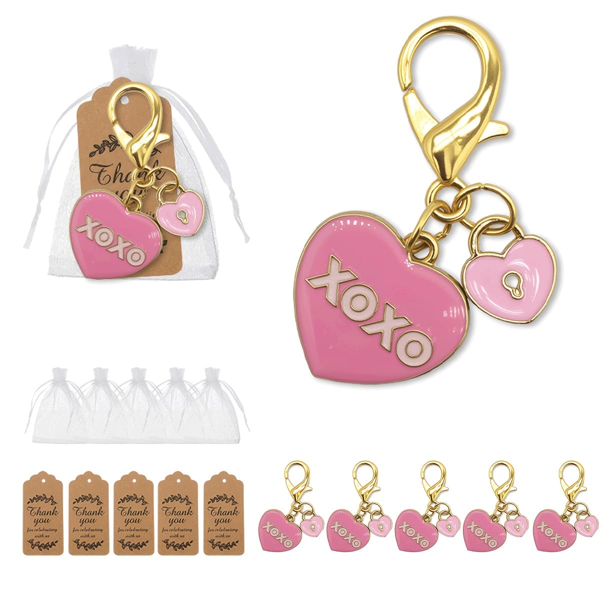 TEMU 15pcs Valentine's Day Peach Heart Lock Red Keychain Greeting Card Gift Bag Set, Women's Accessories For Valentine's Day, Holiday Party, Carnival Gift Keychain