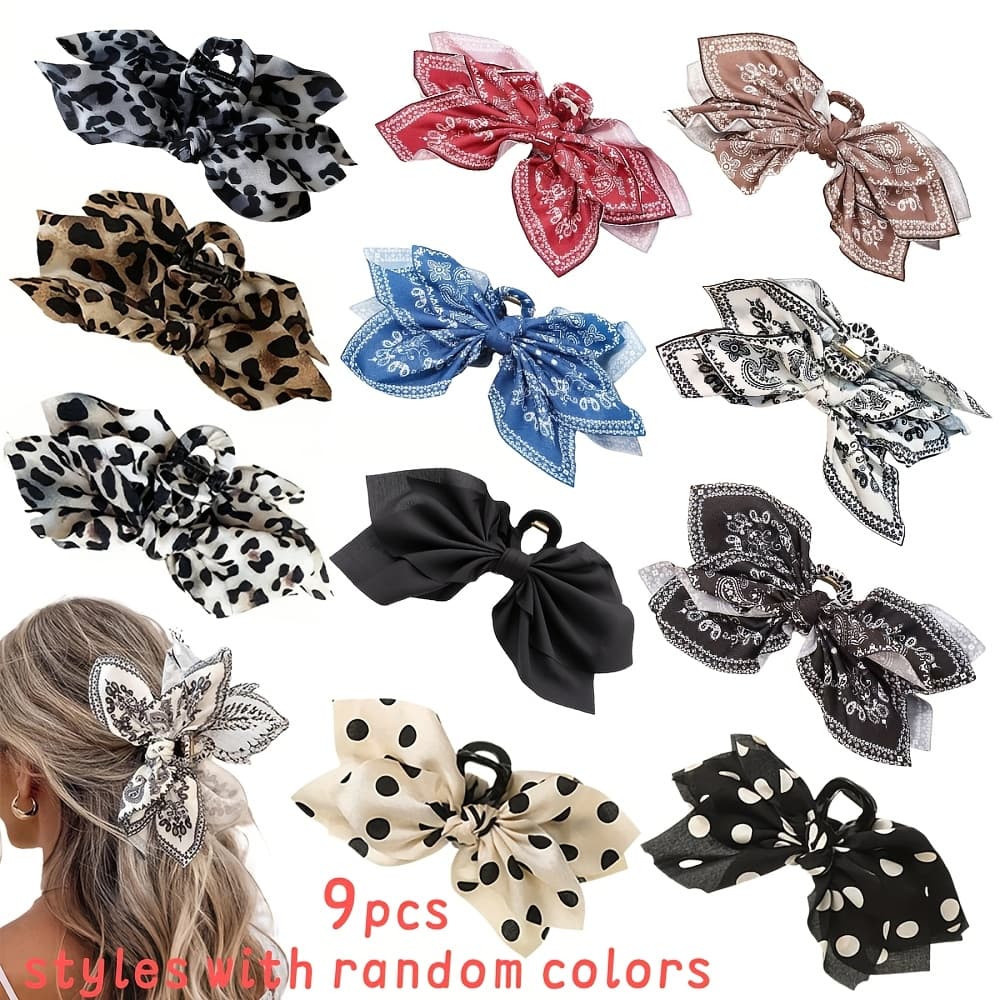 TEMU 9pcs Double-sided Flower Hair Grips With Random Color And Style, Featuring Bowknots, Large Size, And A High-end Feel. Are Shark Clips For The Back Of , Serving As Hair Additions