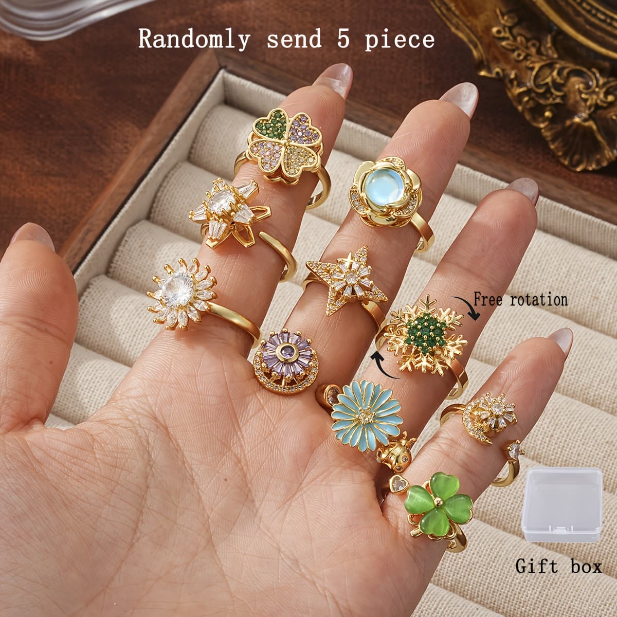 TEMU Random 5pcs / Luxury Colored Cubic Zirconia Free Rotation Women's - Perfect For Ladies' Party Gifts, Casual Wear And Gifting
