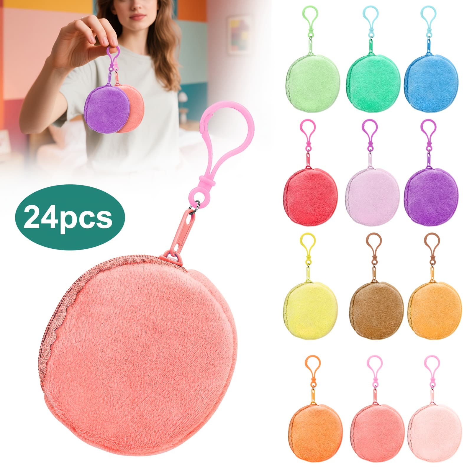 TEMU Set Of 24 , Vibrant Backpacks Featuring Tiny Zippered Compartments And Key Rings, Ideal For Storing , Casual Design Without Prints, Additions For Women's Bags, Compact Coin Purse