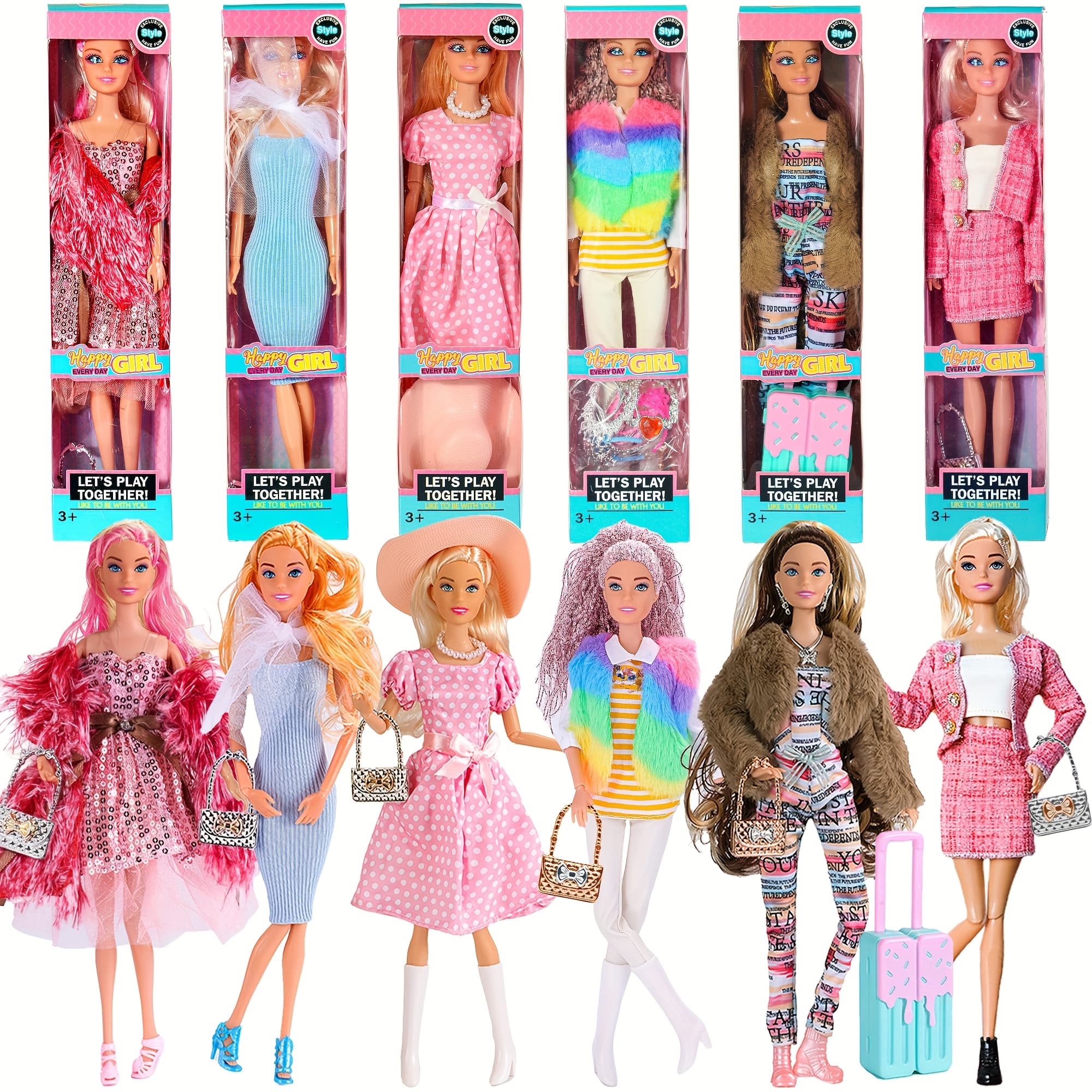TEMU 11.5 Inch American Toy Princess Dolls Playset Featuring 6 Pack Fashion With Outfits, Additions Including Handbag, Hat, Crown, Necklace, And Suitcase (gift Box Included)