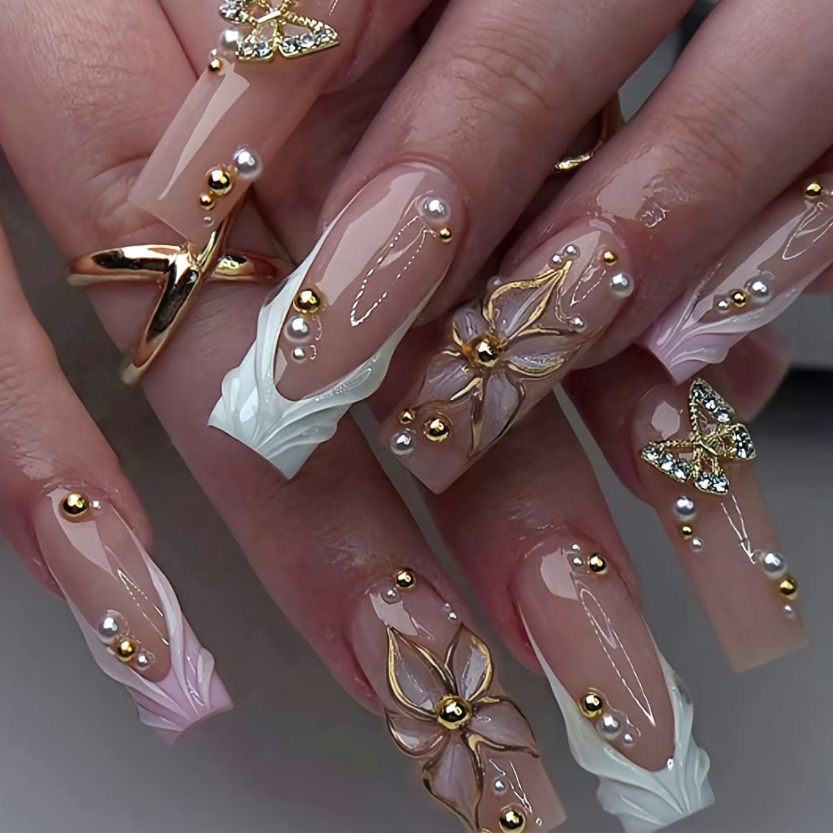 TEMU 24pcs Press-on Nails Suitable For , Spring Summer Square Medium Length False Nails With & French Tip, Glossy, Machine-made Nail Extensions For Mardi Gras, Weddings, Daily Wear - Ideal Gift
