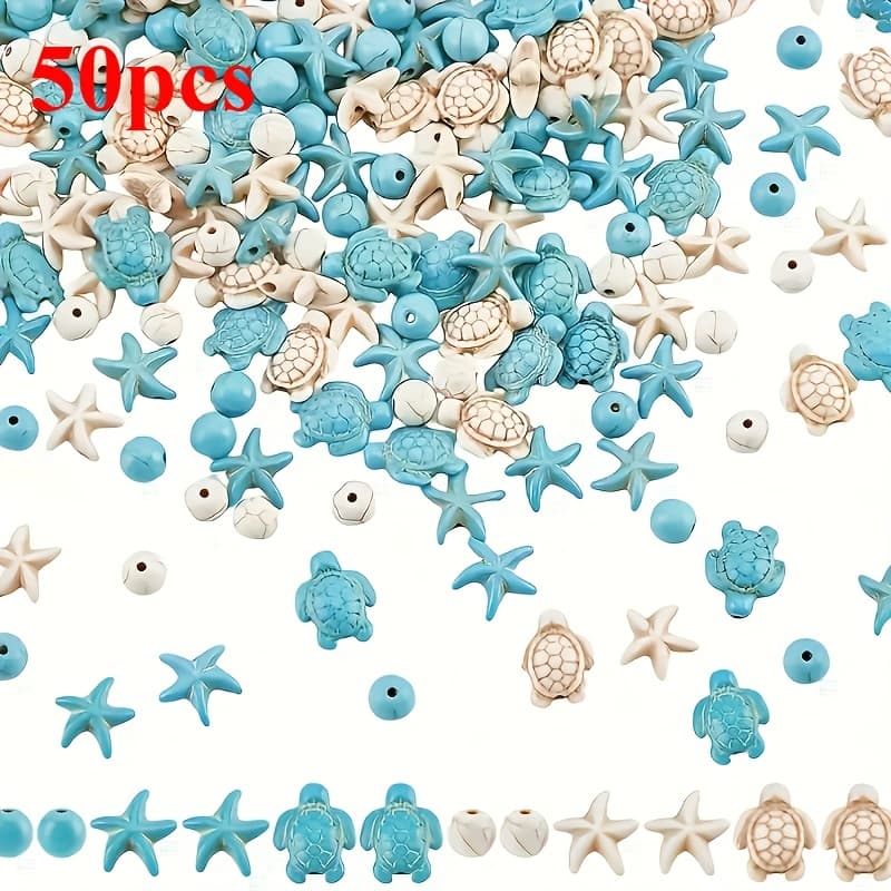 TEMU 50pcs, Random Colors, Style, Decorative Beads, Turquoise Turtle And Starfish Pendant Beads, Bracelet And Necklace Crafts, Beads And Bead Assortments