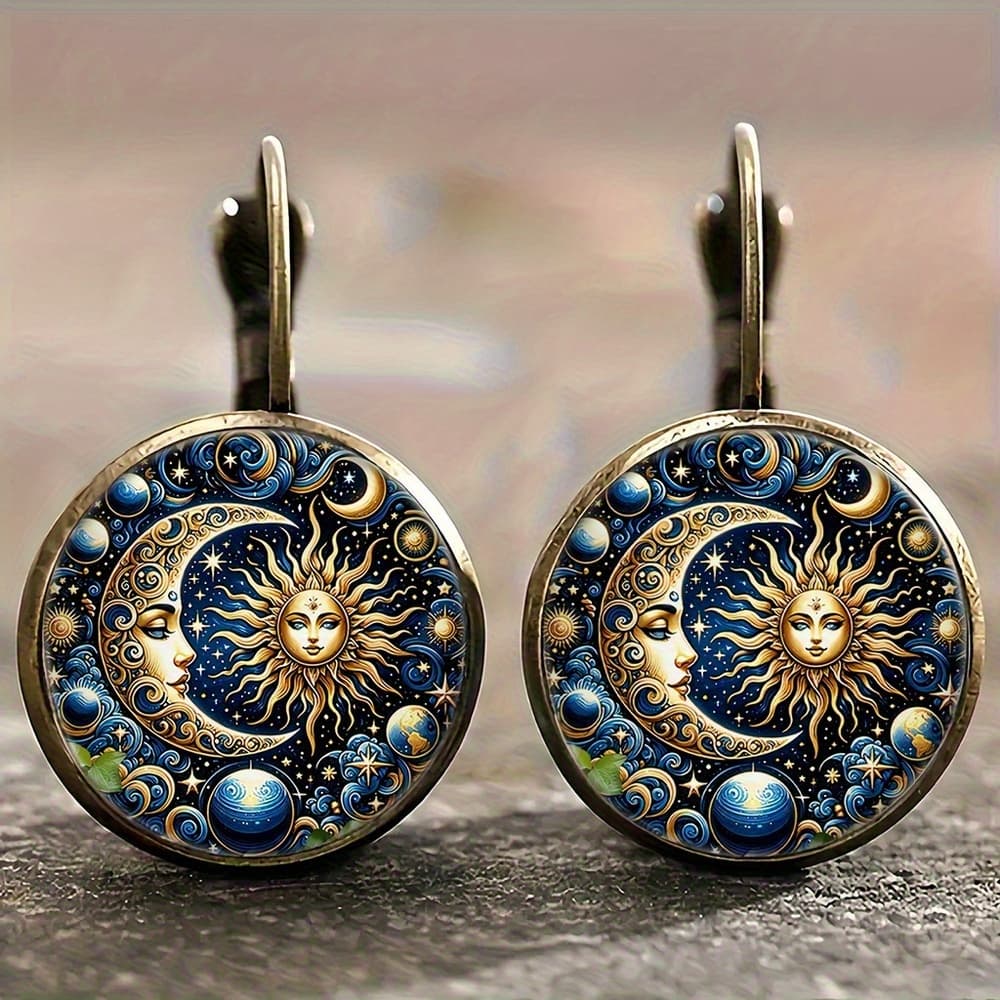 TEMU Alloy Retro Round Earrings, And Moon, Blue Starry Sky Retro Earrings, Light Accessories, Simple And Fashionable Style, Daily Versatile Earrings, Gift , Suitable For A Of Occasions