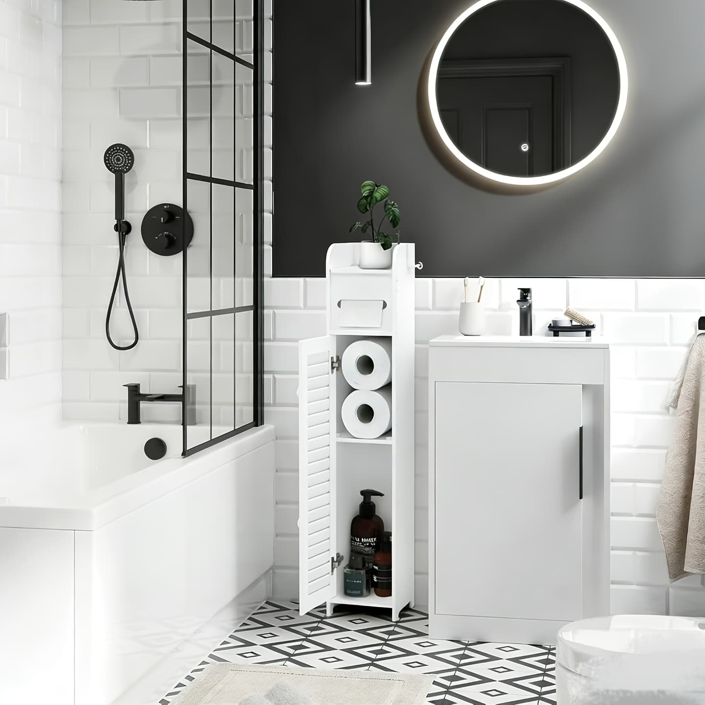 TEMU Bathroom Storage Cabinet, Small Corner Floor Cabinet With 2 Doors And Adjustable Shelves, Narrow Toilet Paper Holder, Bathroom Storage Shelf, Suitable For Small Spaces