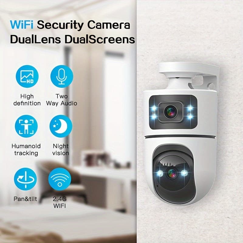 TEMU Ip66 Dual Lens Wireless Ip Camera, Ptz Outdoor With 2.4g Wifi, Dual Screen, Auto Tracking, Night Vision, Audio, Motion Detection For Safety And Monitor