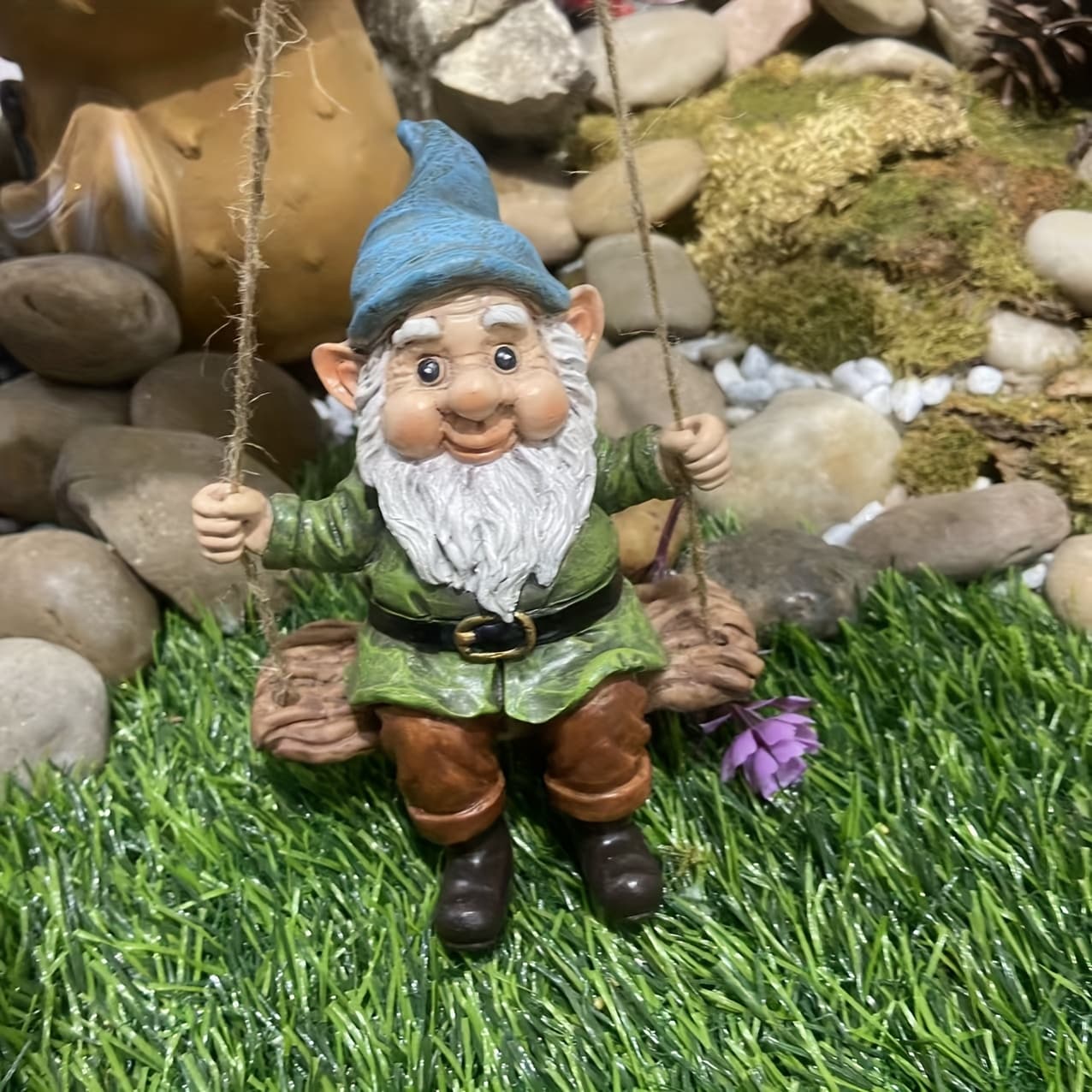 TEMU Handcrafted Resin Garden Gnome Swing | Art , Decorative Statue For Thanksgiving, Non-electric