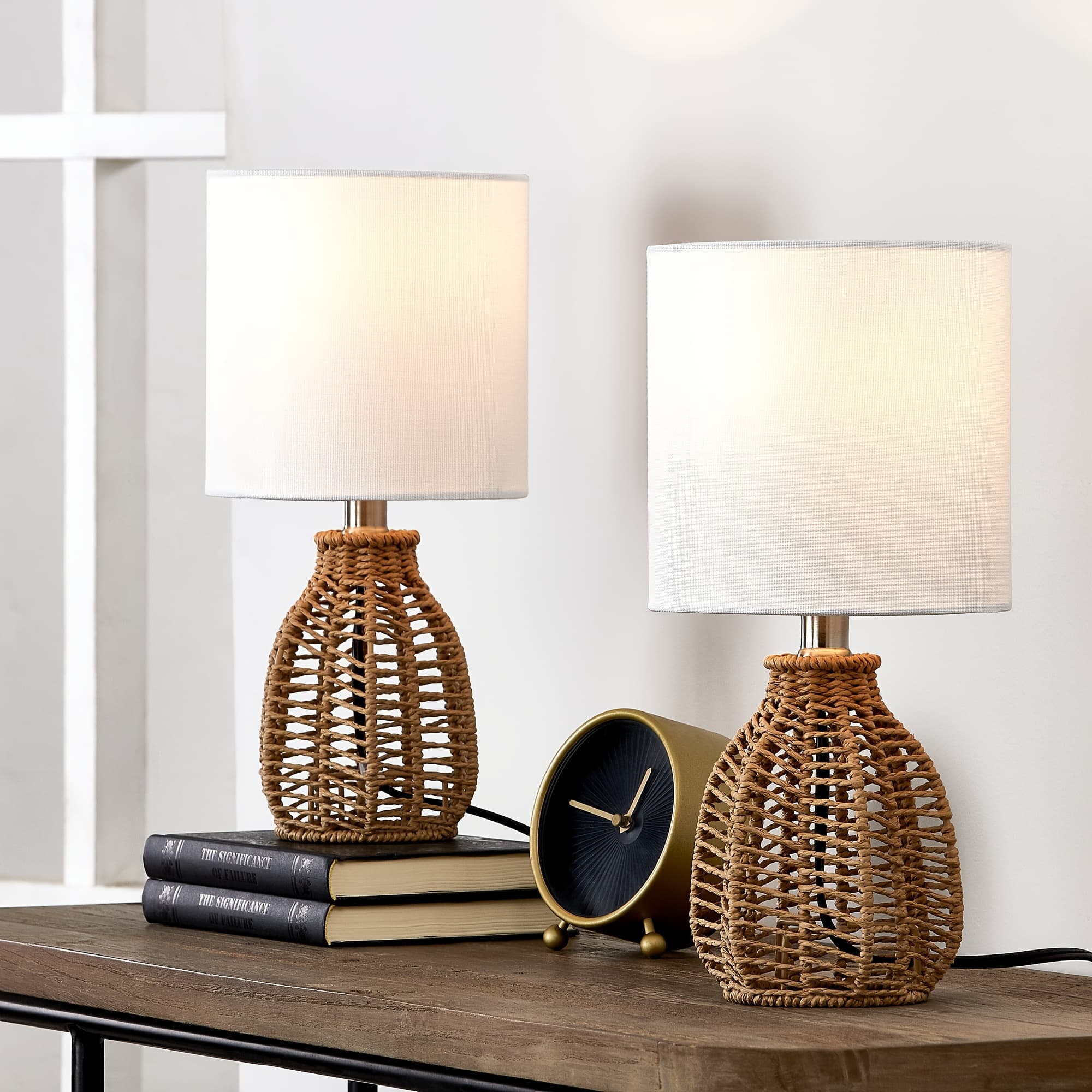 TEMU Set Of 2 Boho Mini Table Lamps, Rustic Rattan Farmhouse Style, 13" Small Nightstand Light With White Fabric Shade For Bedroom And Study