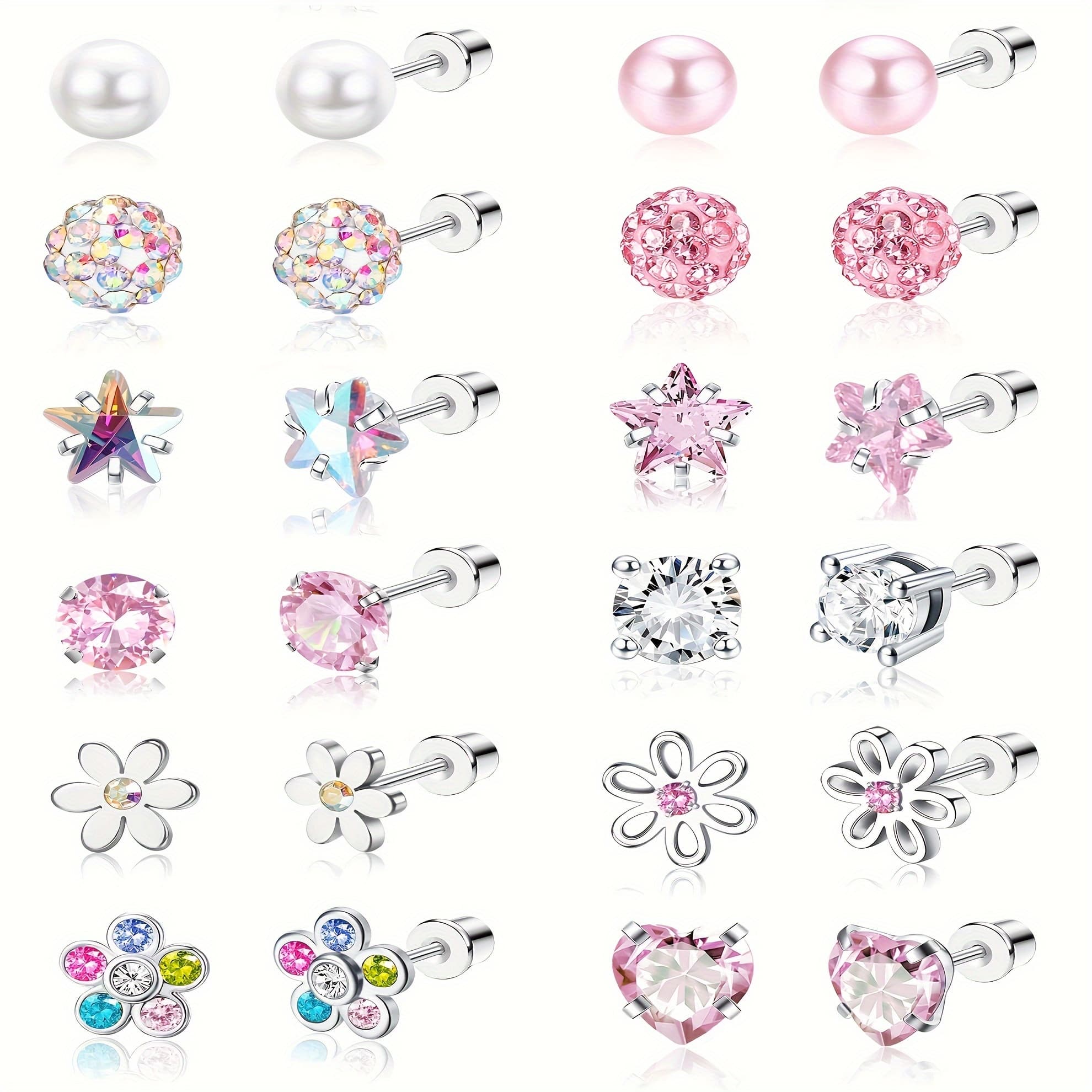 TEMU 24pcs Elegant Stainless Steel Earrings Set, Cute , Pink Floral & Star Studs, Screw Back Fashion Earrings For Daily Wear, All