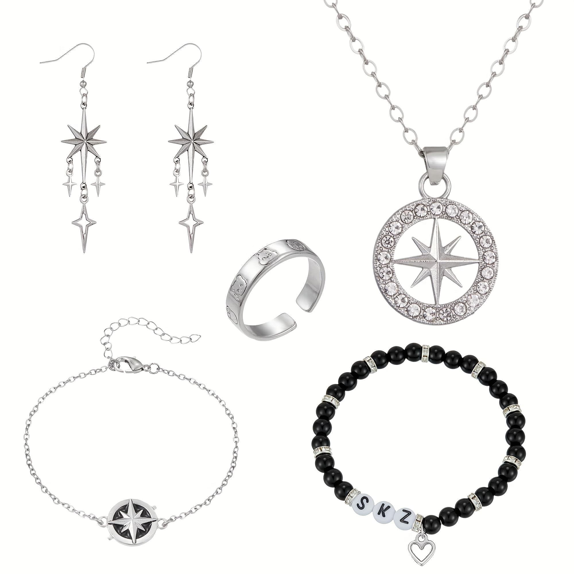TEMU Stray Necklace Set Skz Inspired Merch - (bracelet, Rings, Earrings) For - Minimalist Matching, Wear, Gift For Fans - Affordable