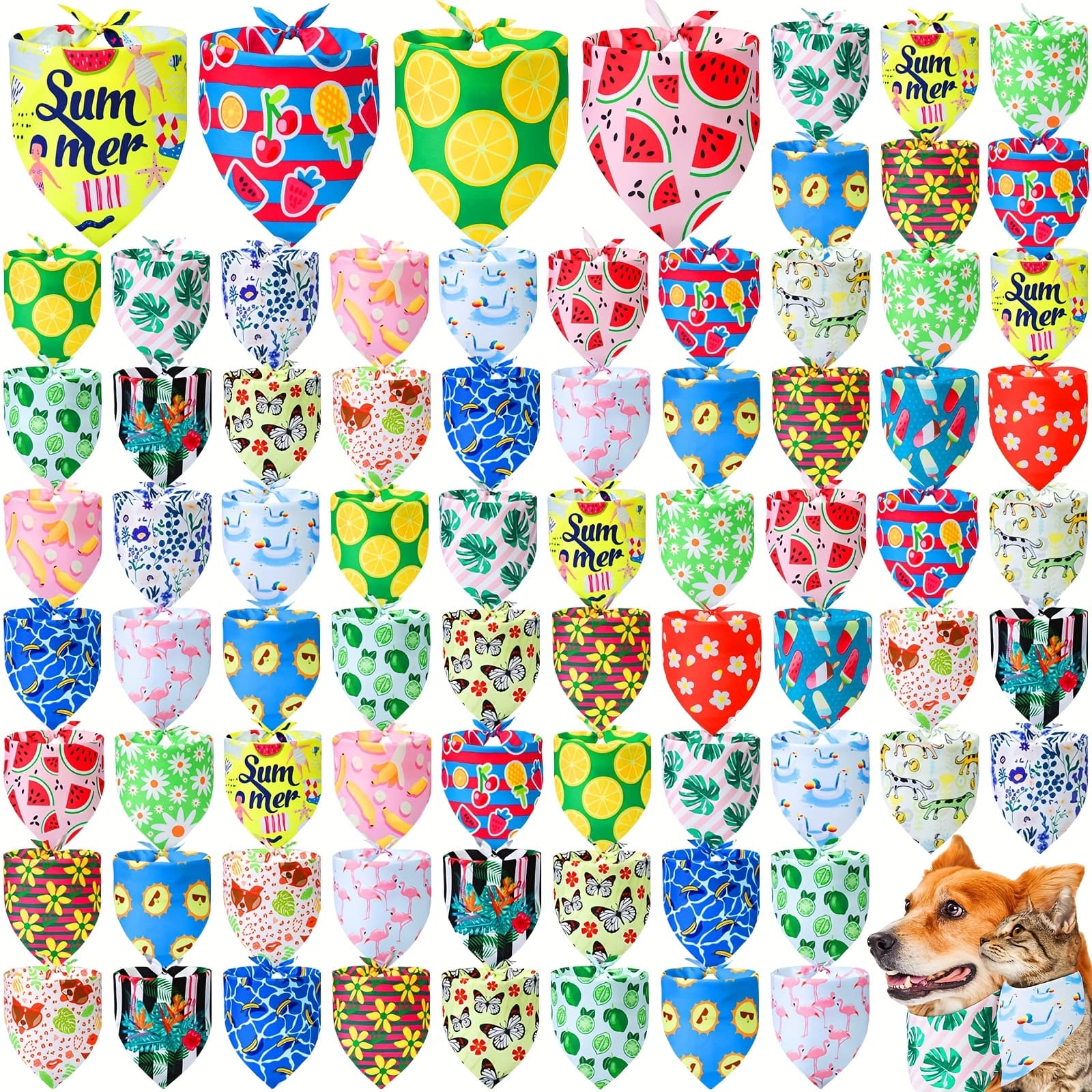 TEMU 100pcs Summer Bandanas For Dog Bulk Summer Flower Lemon Dog Bandanas Adjustable Pet Bibs Scarf Holiday Costume For Small Medium Pet Puppy Cat