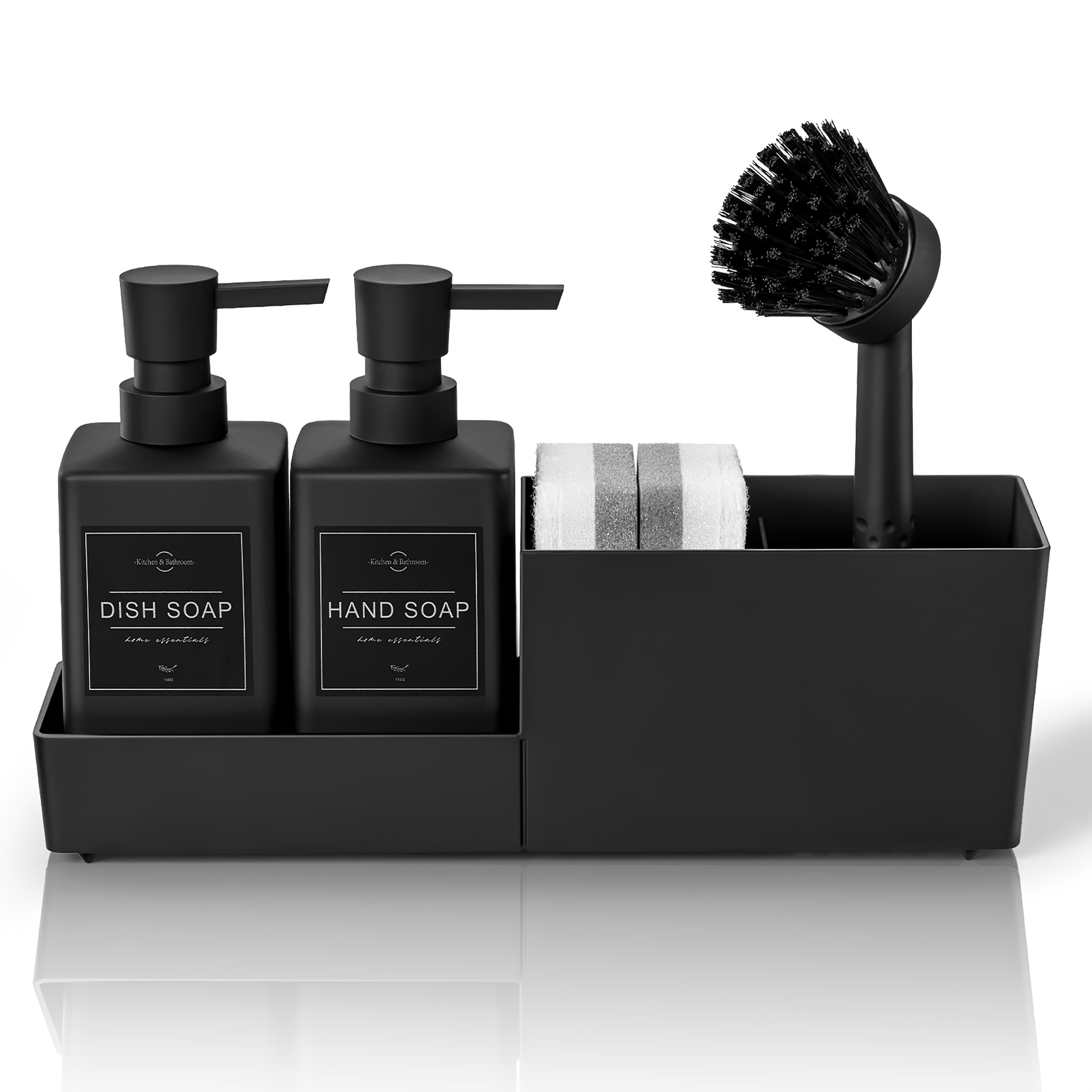 TEMU Kitchen Soap Dispenser Set With Sponge Holder And Brush For Sink Rack Hand Soap And Dish Soap Dispensers Black