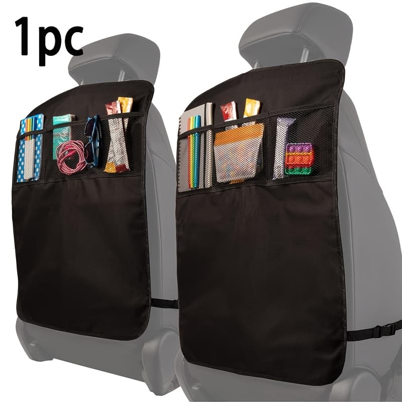 TEMU 1pc Oxford Car Seat Back Protector, Kids Anti-kick Mat, Car Organizer Bag, Storage Pouch, , With Seat Belt, Black, For Car, Outdoor Travel