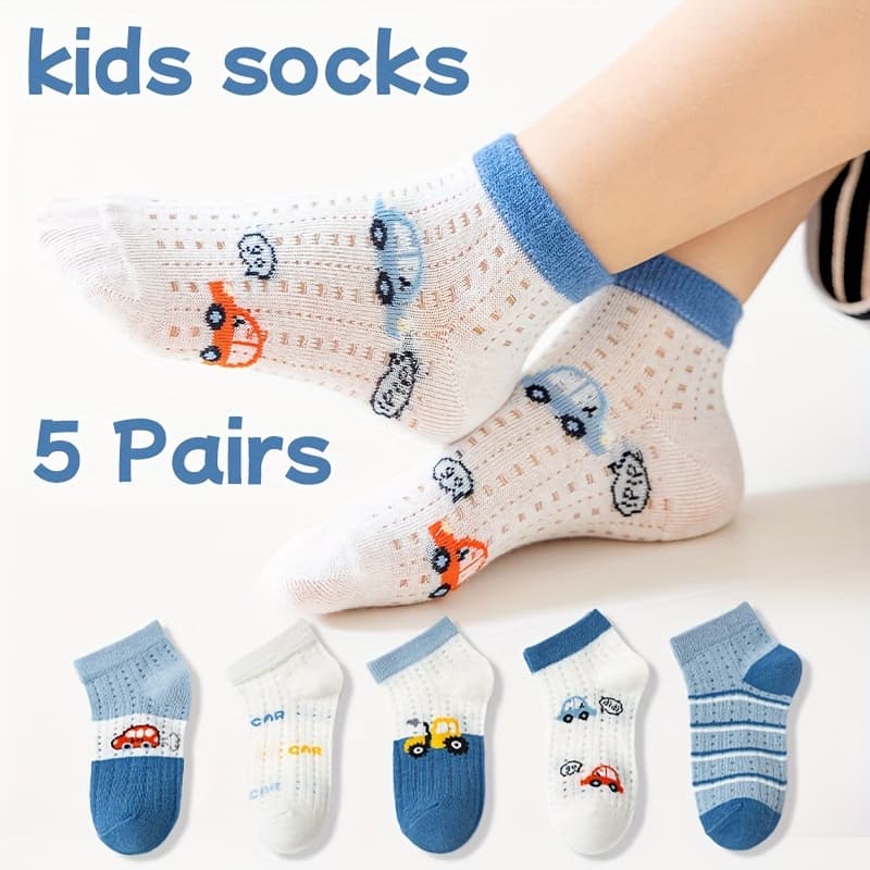 TEMU S43-5 Twin Boys' Spring, Summer, And Autumn New Mesh Breathable Socks Cartoon Small Car
