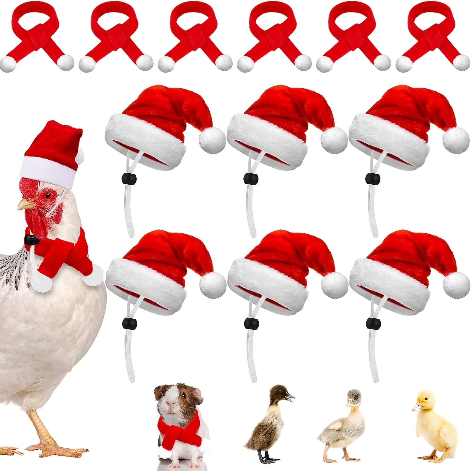 TEMU 12pcs Mini Christmas Pet Santa Hat Scarf Set Adult Xmas Small Animal Tiny Santa Hat With Adjustable Chin Strap For Chicken Hamster Guinea Gift(small, )