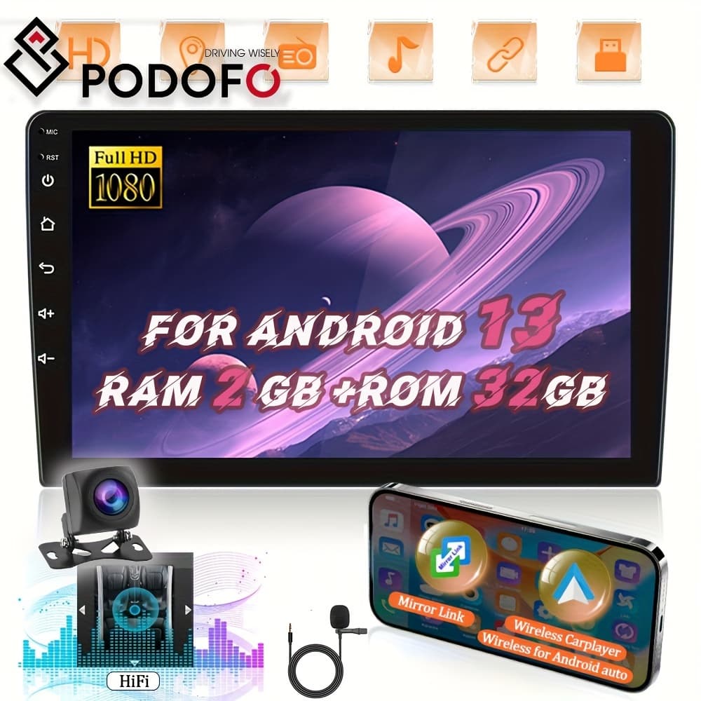 TEMU Podofo 2+32gb 10.1 Inch 13 Car Stereo With Double Din Car Radio 10.1 Inch Touchscreen Stereo With Gps B-t Fm Wifi Swc Ahd Rear-view Camera Mic Christmas Gifts Black Friday Gifts