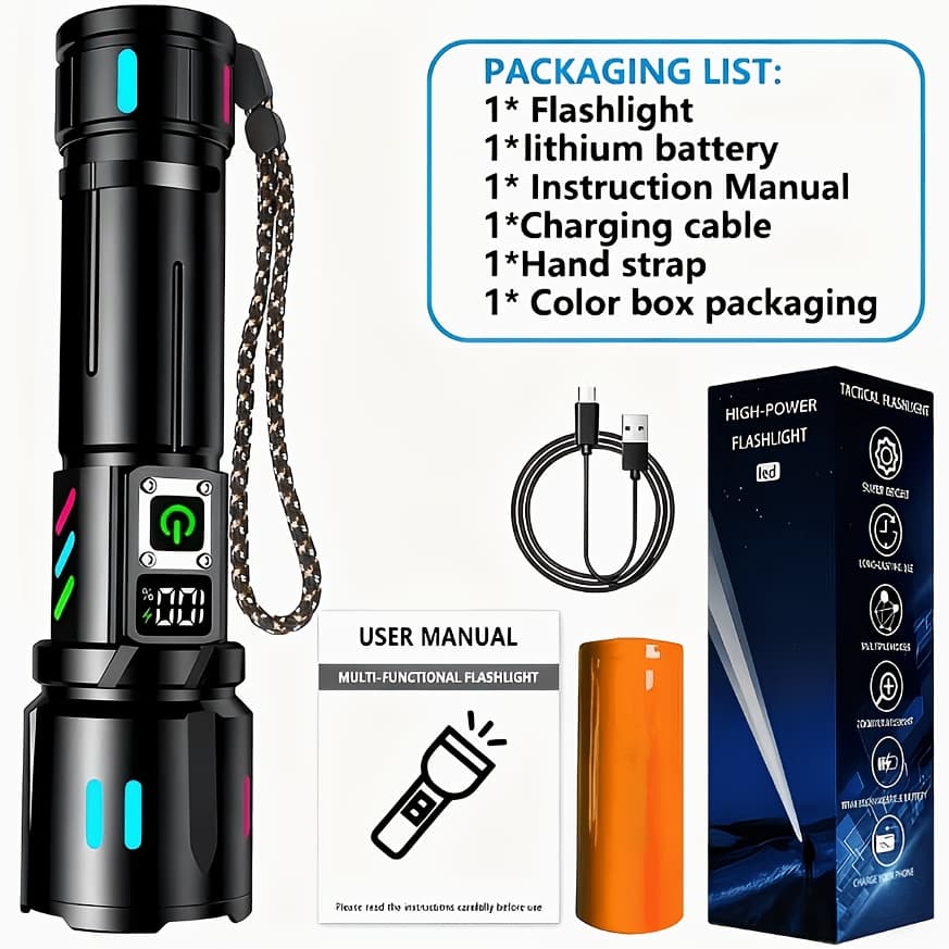 TEMU Tactical Flashlight, High-lumen Output, Premium , Usb Rechargeable, Extended , Adjustable Zoom Focus. Perfect For Home Emergency Searches, Outdoor Activities, Hiking & Backpacking