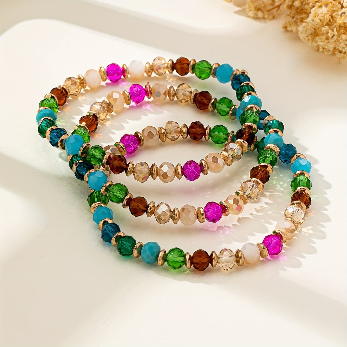 TEMU Three-strand Beaded Stretch Bracelet Set For Women, Hand-woven Colorful Dopamine