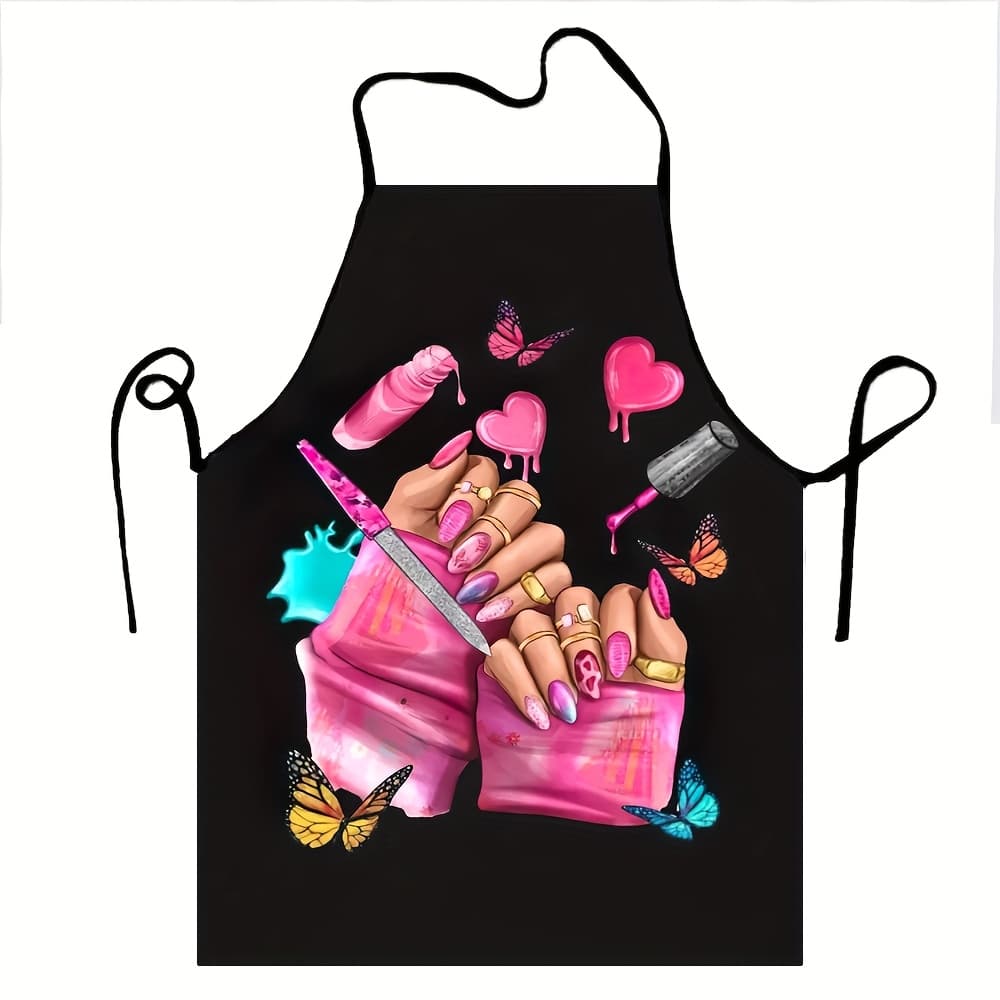 TEMU Unisex Pink Nail Art Apron - Stylish Polyester Kitchen & Baking Apron With Vibrant Manicure Design For Chefs, Cooks, And Makeup Artists, | Vibrant Apron | Glossy Finish, Apron For Nail Tech