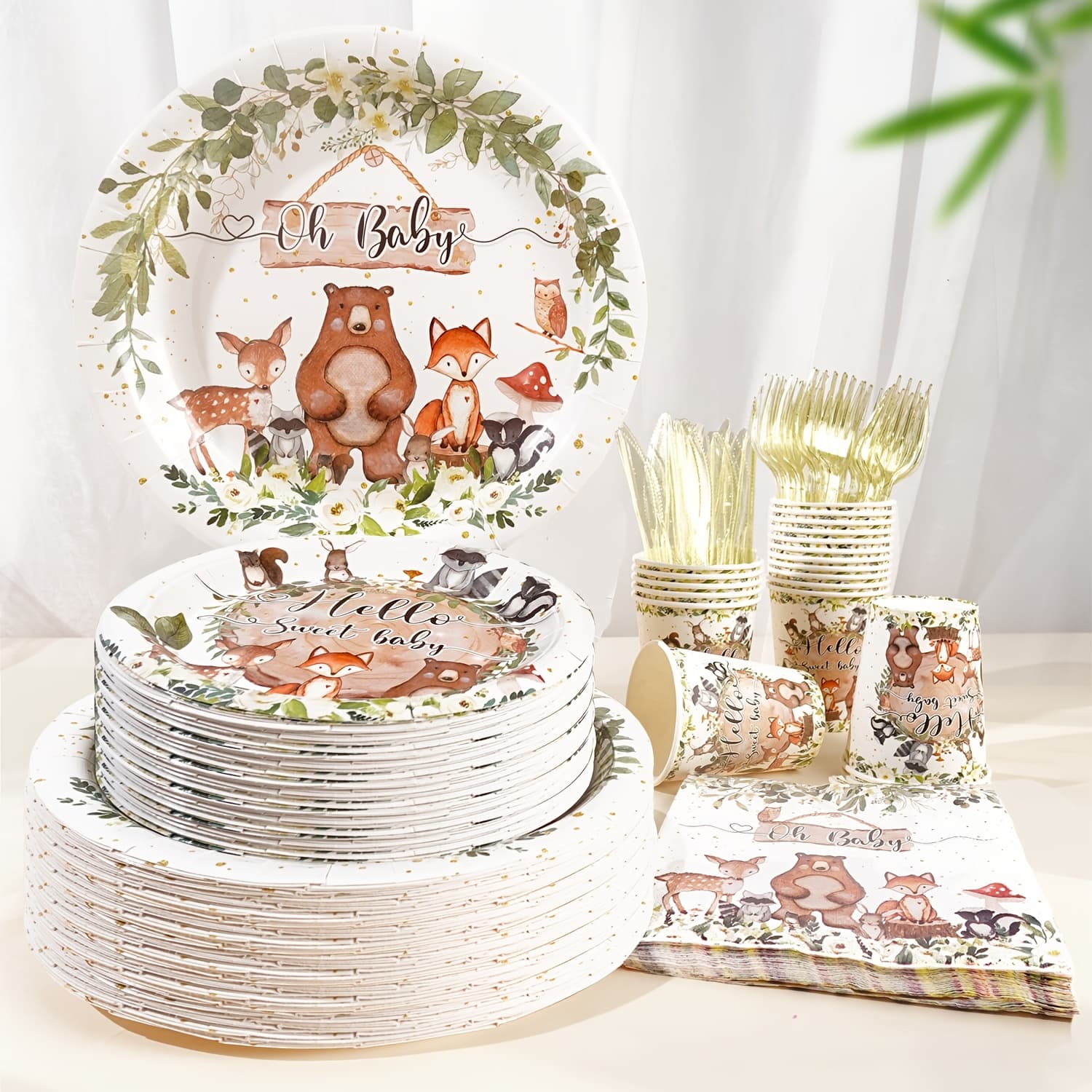 TEMU 120pcs Forest & White Watercolor Party Supplies Suitable For 20 Guests - Pet-coated Disposable Plates, Cups, Napkins, Knives & Forks - Tableware For, & Outdoor
