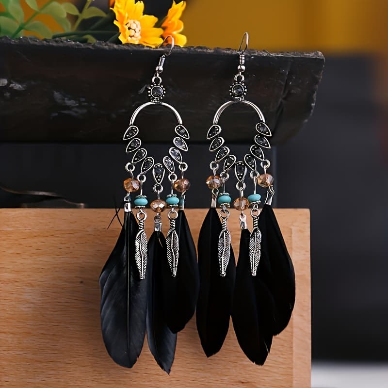 TEMU Long Tassel Style Feather Shaped Women's Earrings, Bohemian Ethnic Style Women's Earrings, Fashionable Jewelry Additions