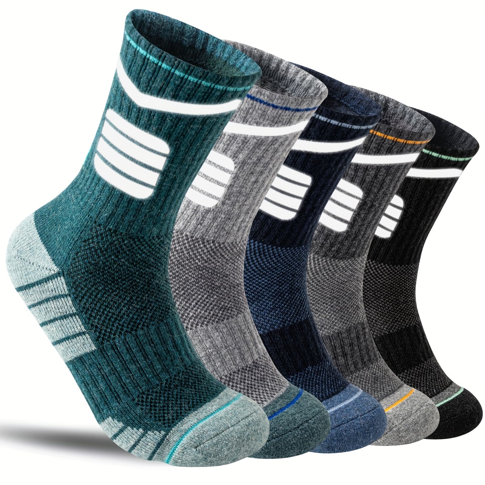 TEMU 5 Pairs Wool Wool Hiking Socks, Men&women Trail Running Cycling Trekking Moisture Wicking Cushion Crew Socks, High Reflective Outdoor Night Safety Socks