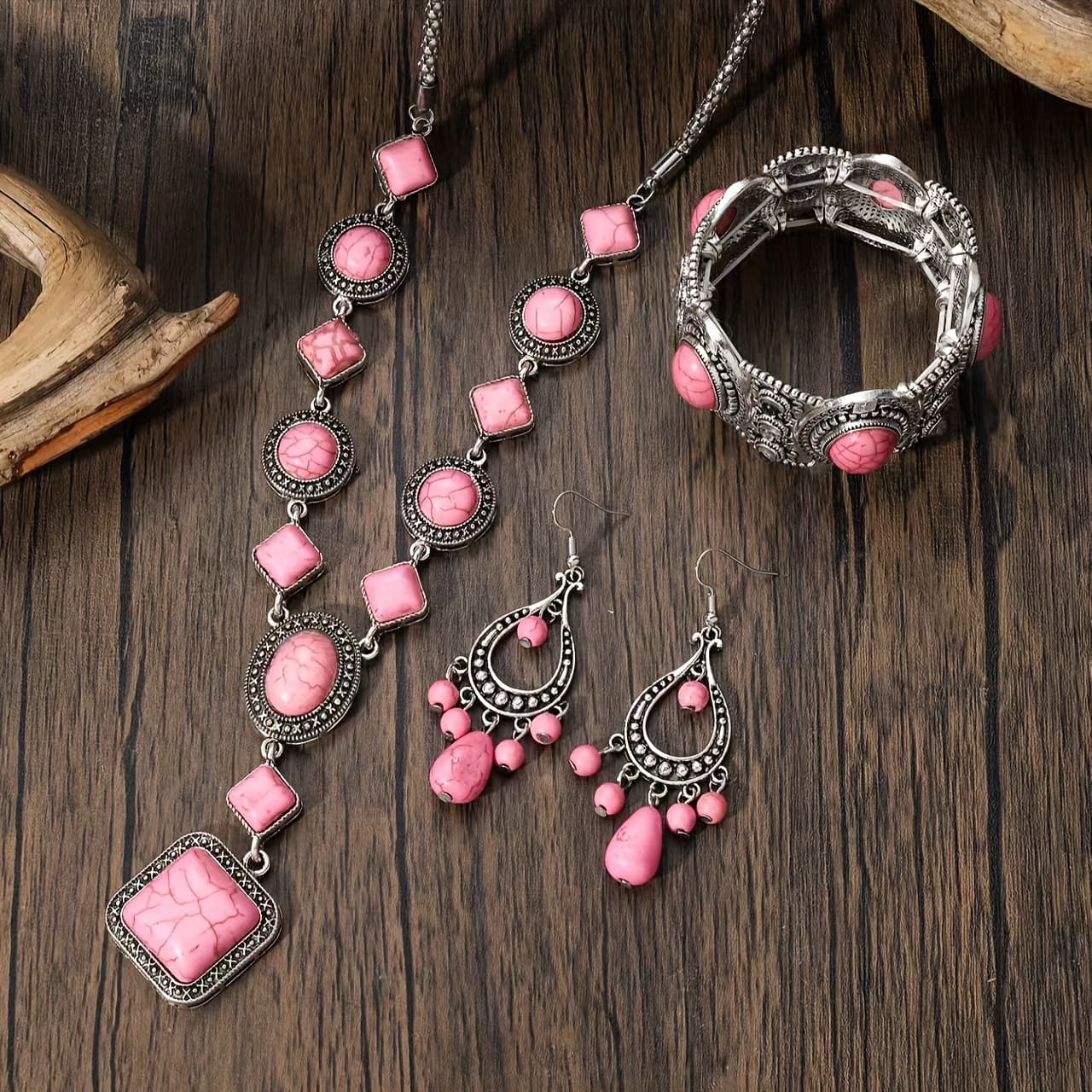 TEMU Bohemian Turquoise Necklace, -shaped Round Necklace, Bracelet, Earrings, Beaded Set