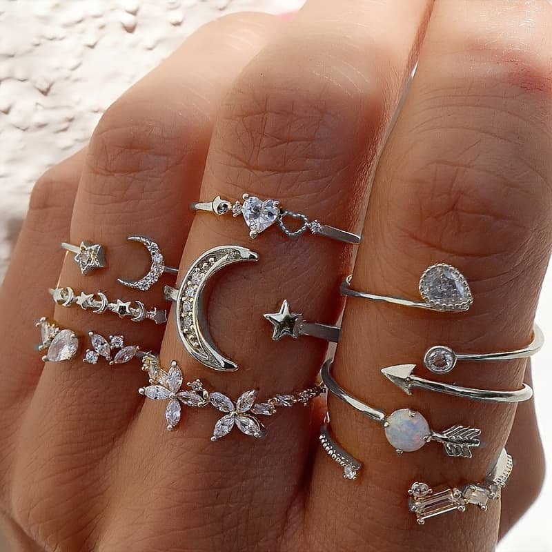 TEMU Set Of 9 Stylish Bohemian Rings Featuring Stars, , Butterflies, And Flowers With Rhinestones For Women's Additions