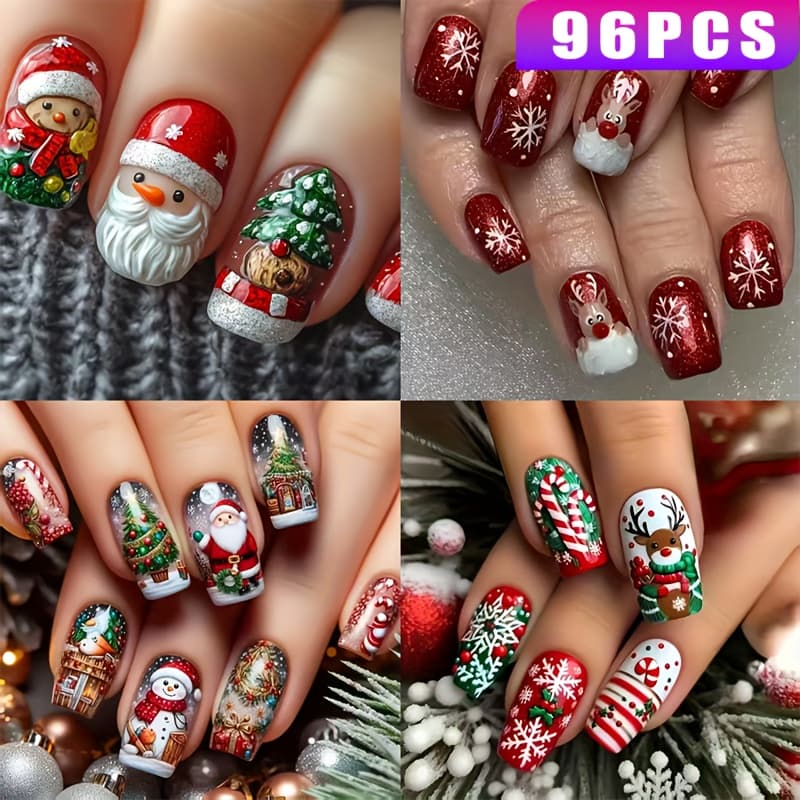 TEMU 96pcs Set Of Festive Wearable Nails Featuring Reindeer And Colorful Candy Designs For Christmas Celebrations, Removable Press-on Fake Nails
