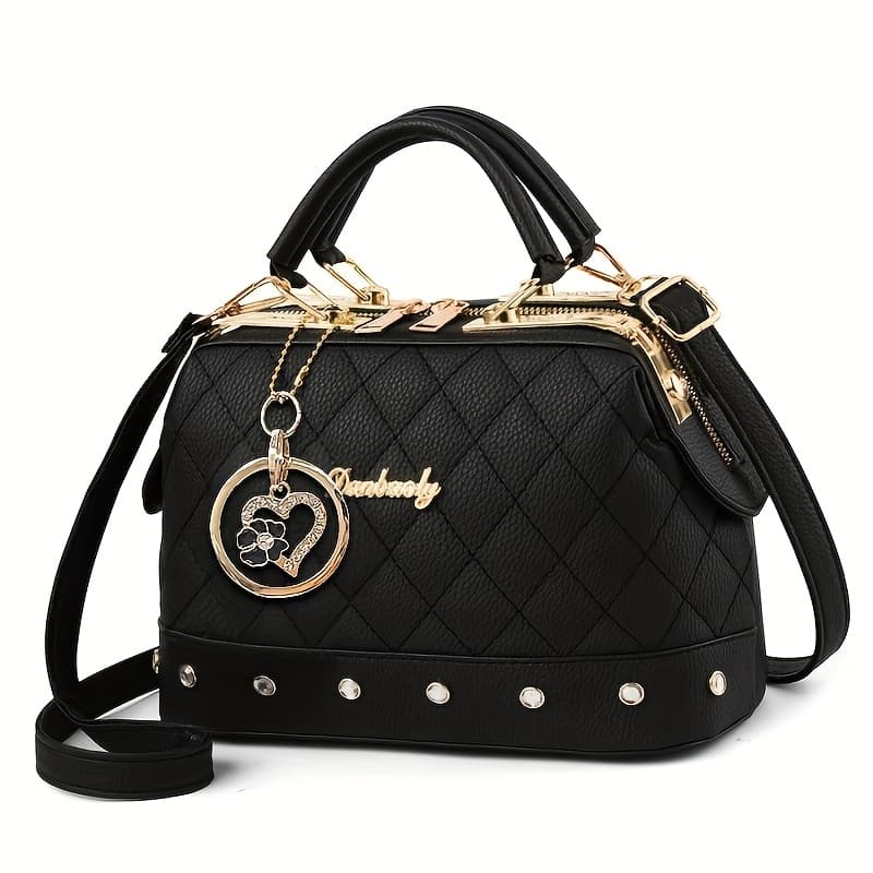 TEMU Black Quilted Boston Bag With And Adjustable Shoulder Strap - Elegant Heart-shaped Ornament, And Stylish Rivet Details