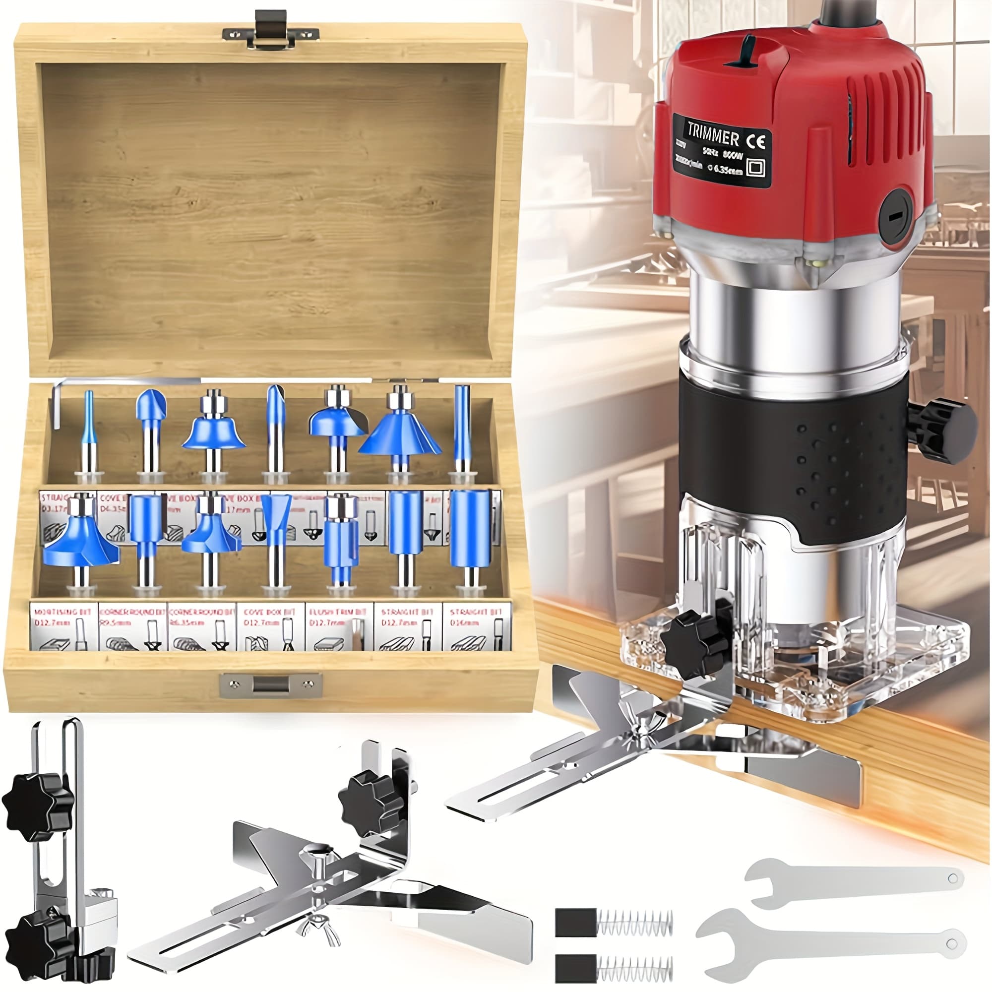 TEMU Router Tool, 800w Router Tool 30000r/min, With 15pcs Trimmer Heads, Edge Guide, Roller Guide, Compact Router Tools For Woodworking