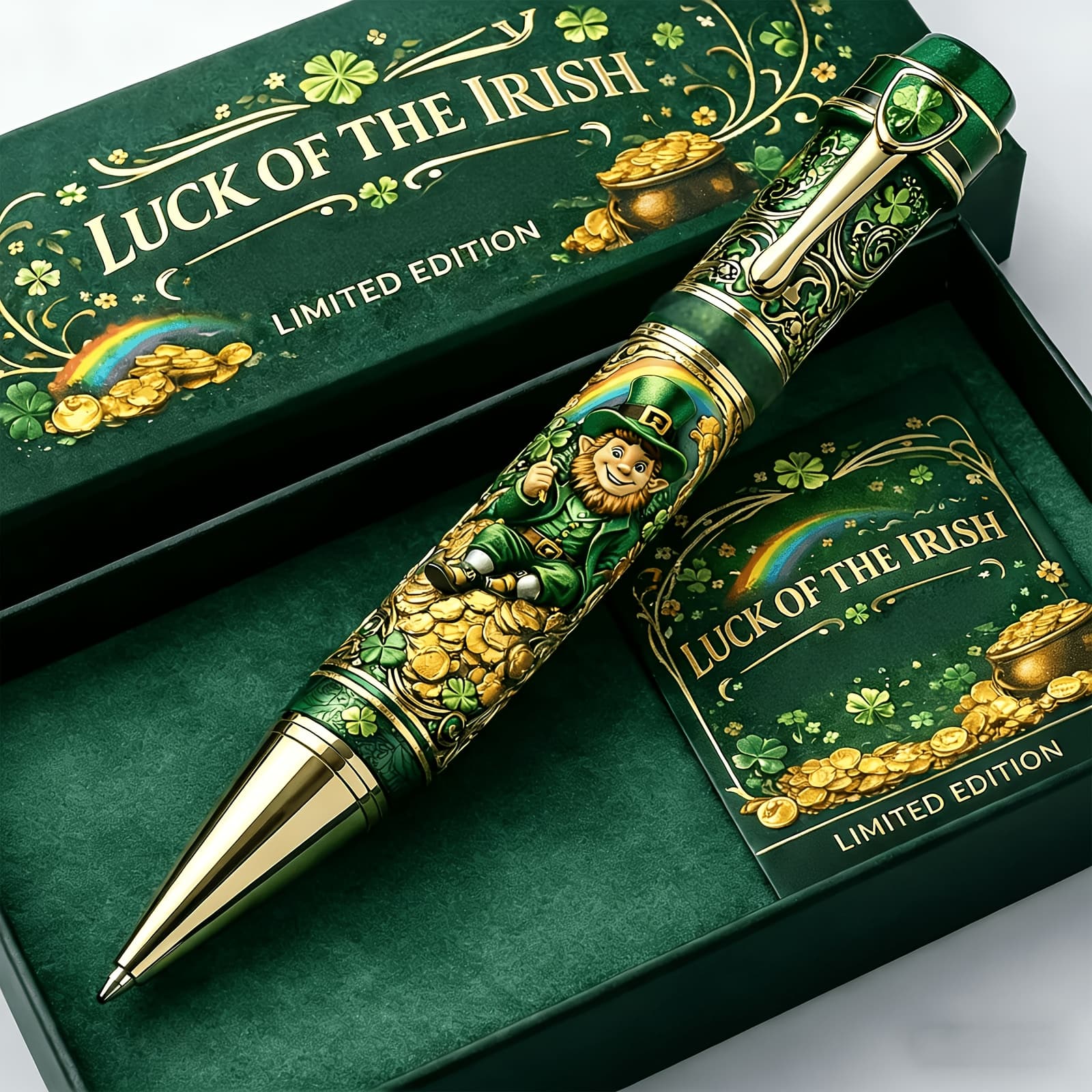 TEMU 's Day 'luck Of ' Pen, Intricate Leprechaun, Golden And Rainbow Relief, Emerald Green Edition Collectible
