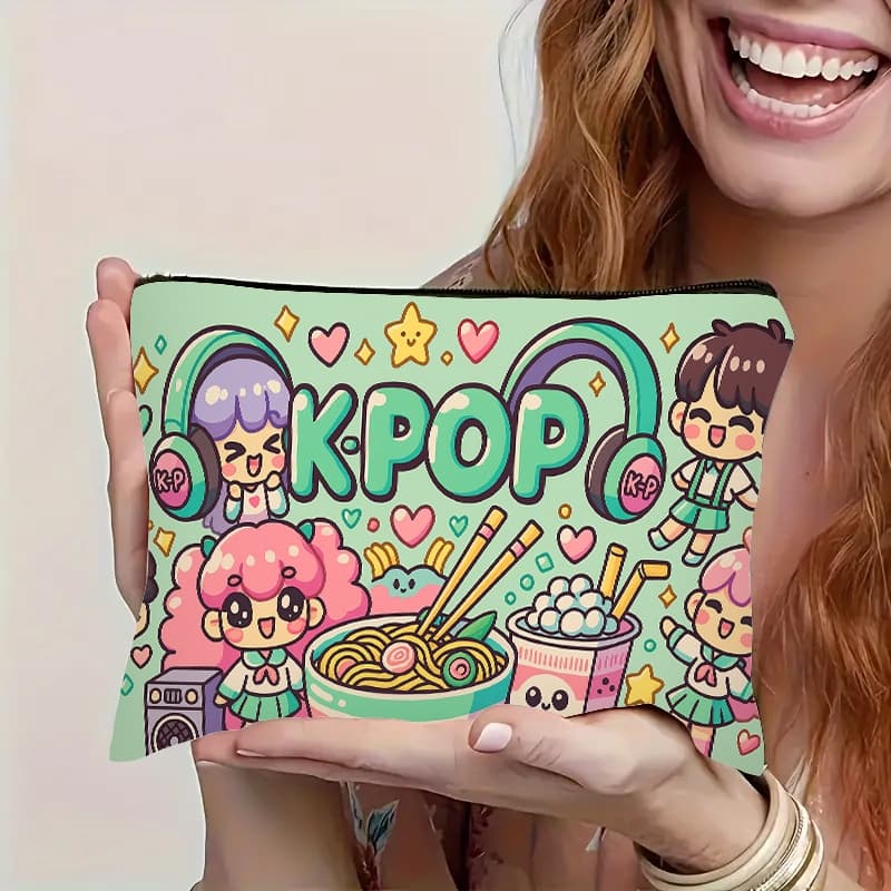 TEMU 1pc Cute Milk Tea Instant Noodles Sweet Elements Multi-functional Travel Storage Bag Emergency Snack Bag Durable Zipper Closure Washable Handbag For Toiletries And Small Items Travel Holiday