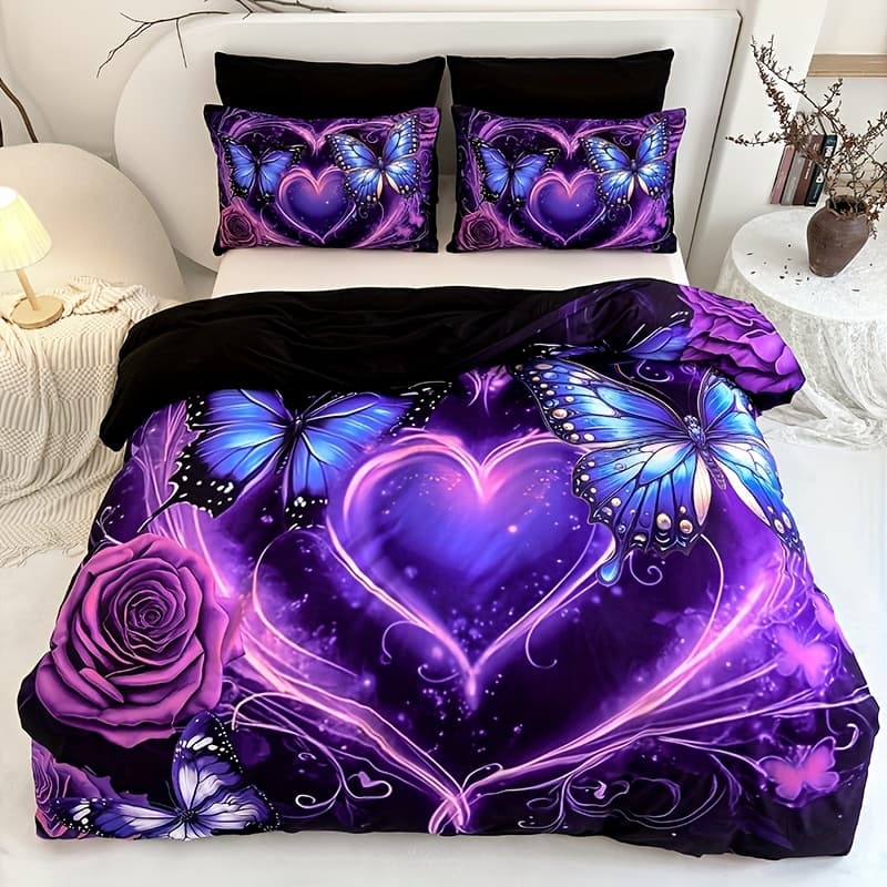 TEMU 2d Flat 3pcs Purple Heart Flower Duvet Cover Set (1 Duvet Cover + 2 Pillowcases)high-definition Digital Printing, Fashionable Bedding, High-quality Fabric, Soft And Comfortable